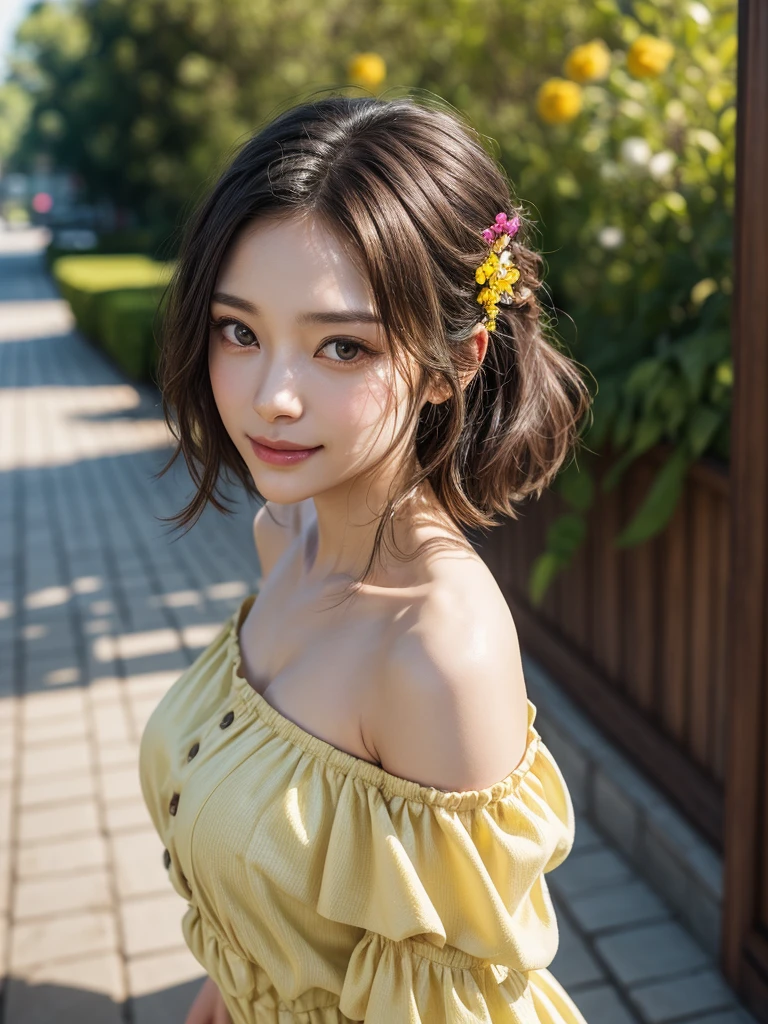 ((((8k))),((Extremely detailed CG)) ,(wallpaper),16k,((Very sophisticated and beautiful)),(((masterpiece))),(((highest quality))),(((Ultra-high resolution))),Daytime natural light,Single-lens reflex camera,break, ((1 girl)),24-year-old Japan beauty,(Sensual look,smile:1.2),short hair,(Gradient brown hair,Shiny Hair,Braiding:1.2),light makeup,Red lipstick,double eyelid,Beautiful Eyes,Beautiful Eyes,Soft white skin that shines in every detail,Pale skin,Golden Ratio Face,Very well-shaped face,Detailed information,Lips Detail,Glossy, beautiful lips,Glossy lips,break,(8 heads,Perfect figure),((Beautiful clavicle,Beautiful breasts)),(Simple off-the-shoulder yellow maxi dress:1.5),(Long legs,Tight big ass:1.3),(Daytime scenery:1.5),(Flower Garden:1.3),(Flowers of different colors:1.3),(Detailed Background:1.5),(Upper Body:1.3),(from the front:1.2),(Ultra high color,Bright and vibrant colors:1.3),