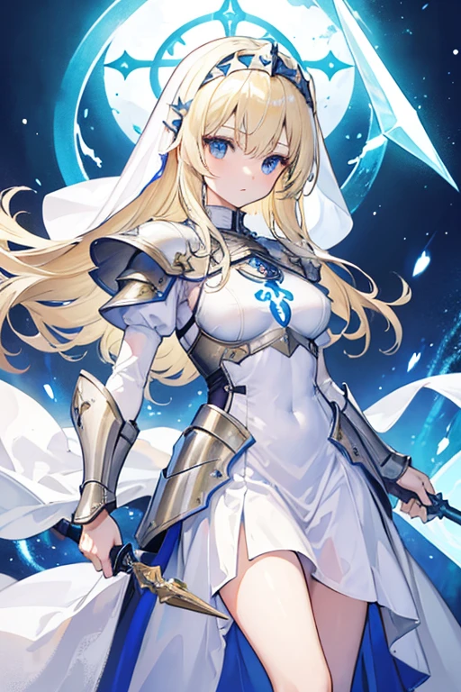 (masterpiece, best quality), 1girl, long blonde hair, blue eyes, holding a holy lance, (paladin armor), white nun headdress, glowing weapon, white skirt