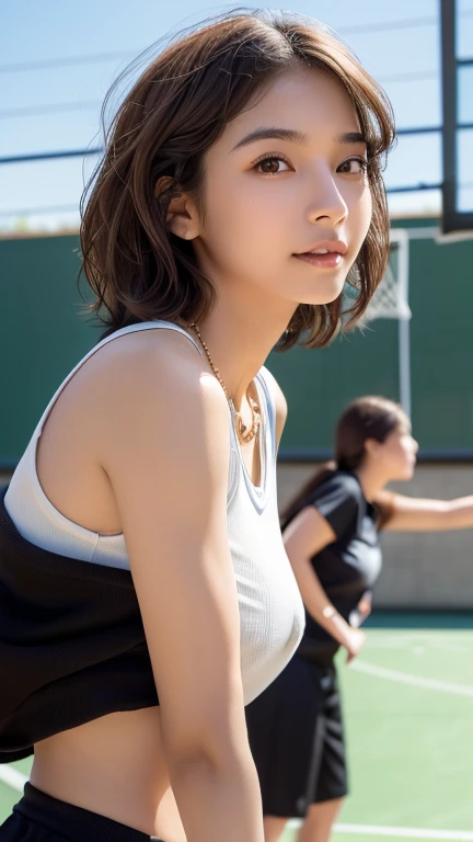 highest quality,Best image quality,Ultra-high resolution,8k,Hyperrealism,High saturation,Realistic,Photorealistic Stick,(Accurate anatomy:1.2),Written boundary depth,Ideal body,Japanese,24 year old beautiful girl,cute,cute笑顔,A kind smile,(A little brown hair:1.2),(Medium short hair with loose waves:1.2),(Droopy eyes:1.2),(Beautifully detailed round eyes:1.2),rather thin lips,slightly thick lips,C cup breasts,Small breasts,Feminine waist,Round ass,Big Ass,Realistic Skin,Sunburned skin,Wheat peel,Highly detailed face and skin texture,Glowing Skin,height: 166cm,(The whole body is visible:1.2),(female teacher:1.4),(A woman holds a flute:1.2),(Standing in front of high school students:1.4),(1 female、10 people:1.4),(During physical education class:1.2),Gym,(Black sweatpants:1.2),(White T-shirt:1.2),(Simple Necklace:1.2),(Demonstrating basketball in front of students:1.5)