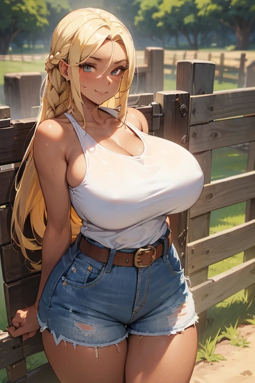 (((SHARP detail perfect face))), (nice hips), detailed skin, ((masterpiece)), best quality, (SHARP details), 4k, ((farmgirl)), (((farm))), (loose tank top),  ((white tank top)), ((blonde hair)), sweat, ((huge breasts)), voluptuous, amber eyes, looking at viewer, ((long hair)), ((denim hotpants)), (hay), outdoors, solo, (asymmetric hair), (freckles), ((tanned)), ((wide hips)), slightly toned, (smiling), mature, motherly MILF, ((leather belt)), (fence), good colors, good lighting, (seducing viewer), lewd, big ass, dark skin, braid, 32 years old,