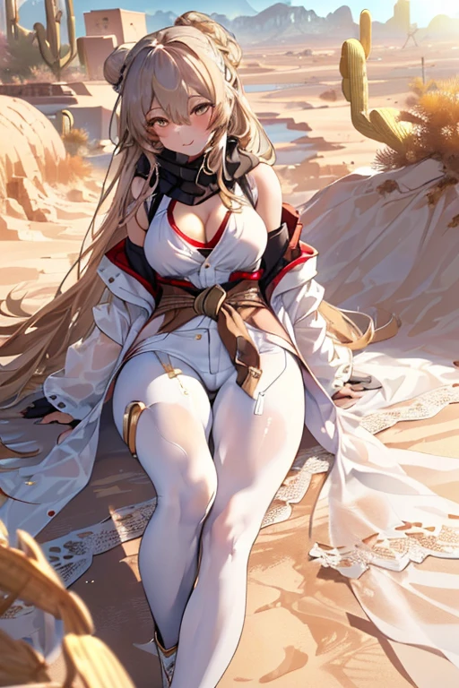 ((in a desert:1.5)), a matured woman with long hair and a white outfit, (resting in oasis:1.2), artwork in the style of guweiz, bodyesbian, fine details. girls frontline, beautiful anime illustration, from girls frontline, stunning, 21 years old, (solo:1.5), (sfw:1.25), beautiful breast, medium breasts, Amazing Cleavage, thin waist, big ass, Raised sexy, (dark mahogany medium long hair, updo, hair over one eye, asymmetric hair, Carly hair, low tied),(Headscarfs, hair bands, head vandage, Turban), (ultra high resolution, 8K RAW photo, photo realistics, weak outline:1.3, clear focus), best qualtiy, natural lighting, field depth, (Bright pupils, detailed beautiful eyes, high detailed face), Red lip, looking at viewers, (tight focus:1.2, from below), sexy posing, seductive weak smiling, center image, (wearing white long jacket and clothes, wearing short pants, gold ornaments, white clothes rolling around waist, camel-brown long leather boots, translucent lace pantyhose), ((correct anatomy:1.5)), ((outdoor:1.2)),
