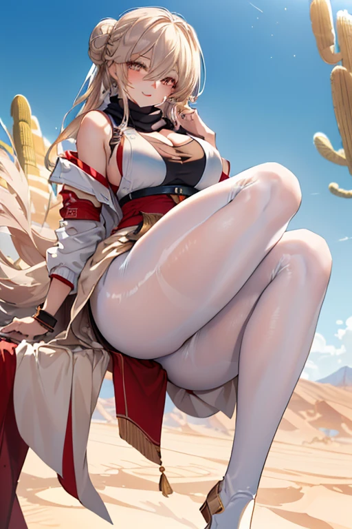 ((in a desert:1.5)), a matured woman with long hair and a white outfit, (resting in oasis:1.2), artwork in the style of guweiz, bodyesbian, fine details. girls frontline, beautiful anime illustration, from girls frontline, stunning, 21 years old, (solo:1.5), (sfw:1.25), beautiful breast, medium breasts, Amazing Cleavage, thin waist, big ass, Raised sexy, (dark mahogany medium long hair, updo, hair over one eye, asymmetric hair, Carly hair, low tied),(Headscarfs, hair bands, head vandage, Turban), (ultra high resolution, 8K RAW photo, photo realistics, weak outline:1.3, clear focus), best qualtiy, natural lighting, field depth, (Bright pupils, detailed beautiful eyes, high detailed face), Red lip, looking at viewers, (tight focus:1.2, from below), sexy posing, seductive weak smiling, center image, (wearing white long jacket and clothes, wearing short pants, gold ornaments, white clothes rolling around waist, camel-brown long leather boots, translucent lace pantyhose), ((correct anatomy:1.5)), ((outdoor:1.2)),
