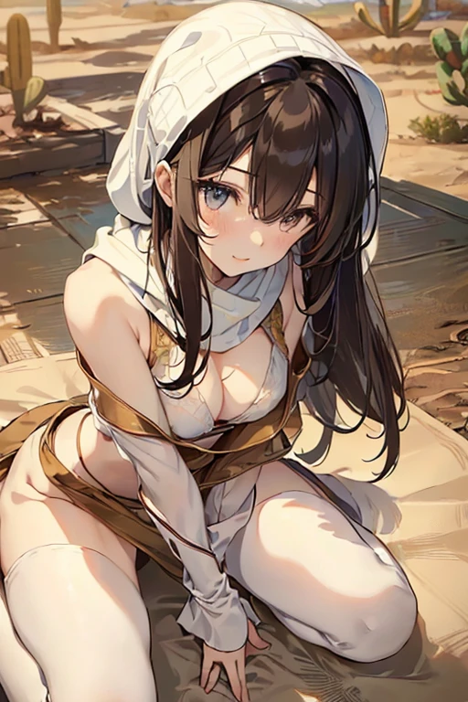 ((in a desert:1.5)), a matured woman with long hair and a white outfit, (resting in oasis:1.2), artwork in the style of guweiz, bodyesbian, fine details. girls frontline, beautiful anime illustration, from girls frontline, stunning, 21 years old, (solo:1.5), (sfw:1.25), beautiful breast, medium breasts, Amazing Cleavage, thin waist, big ass, Raised sexy, (dark mahogany medium long hair, updo, hair over one eye, asymmetric hair, Carly hair, low tied),(Headscarfs, hair bands, head vandage, Turban), (ultra high resolution, 8K RAW photo, photo realistics, weak outline:1.3, clear focus), best qualtiy, natural lighting, field depth, (Bright pupils, detailed beautiful eyes, high detailed face), Red lip, looking at viewers, (tight focus:1.2, from below), sexy posing, seductive weak smiling, center image, (wearing white long jacket and clothes, wearing short pants, gold ornaments, white clothes rolling around waist, camel-brown long leather boots, translucent lace pantyhose), ((correct anatomy:1.5)), ((outdoor:1.2)),