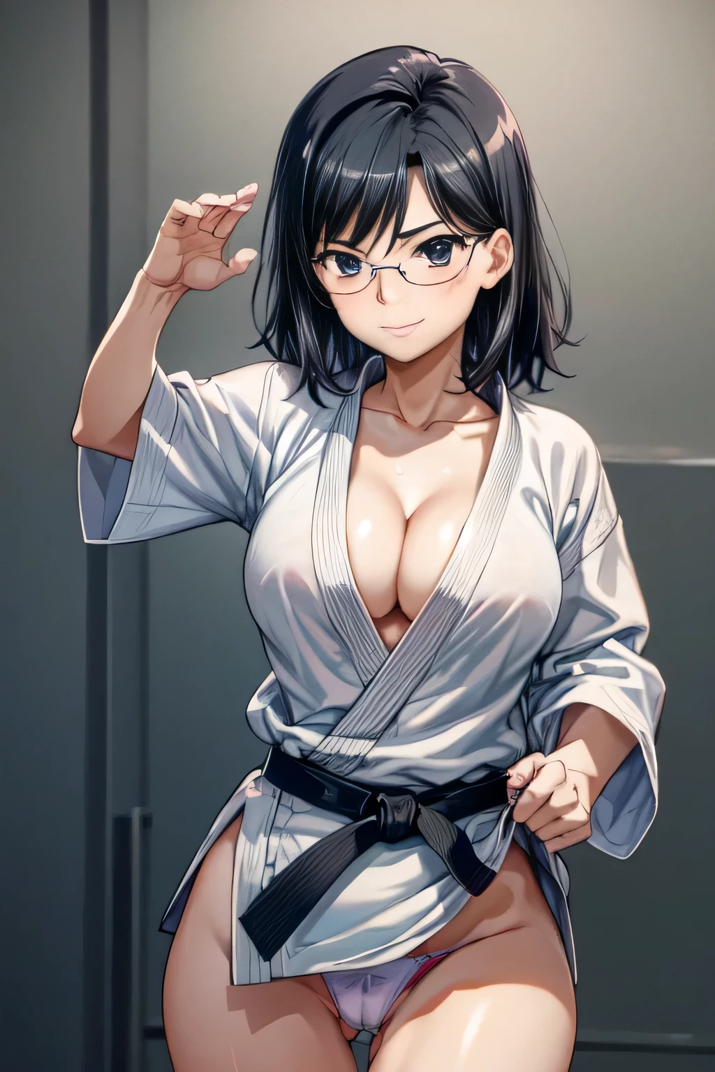 1girl,18yo,perfect hands, perfect finger,perfect anatomy, masterpiece, best quality,realistic, hyperrealistic, 16k hdr,, aamii, short hair, black hair, blue eyes, glasses,(karate gi,:1.2),(no pants,no bra,cleavage:1.1),(micro panties:1.1),(sweat:1.1), (judo hall:1.2),(red blush,smile),(dynamic pose:1.2),from below,cameltoe,show off panties