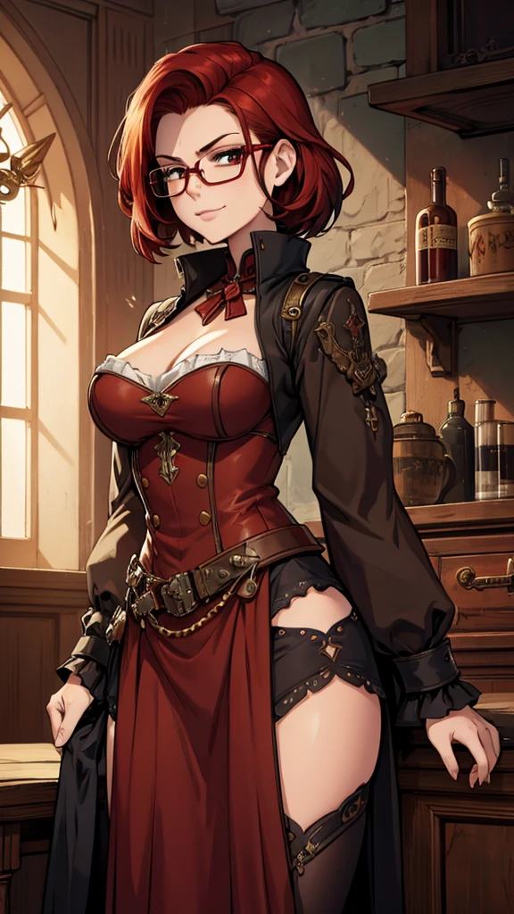 Anime - image of a more mature woman with green eyes, mischievous look in an unbuttoned corset, unbuttoned to the belly, sitting on a bed, detailed corset in leather, breasts well visible on display, almost uncovered, well uncovered, large and voluminous, red hair with braids over the breasts, braids fallen over the sweaty voluminous breasts (hot day), Steady face and seductive staring gaze, mouth half open, hand touching chin, hand on chin, adult woman (+1 8) seen from above, looking from above, close-up, light light coming in through the window, vintage room, antique furniture, illuminated by window light, shadow and contrast, beautiful seductive anime woman, lascivious (POV), +1 8