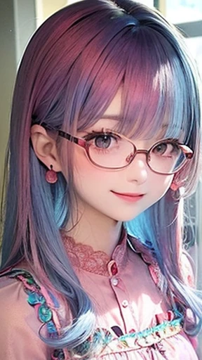 Small face、 (alone:1.5,)Very detailed,Bright colors, Very beautiful detailed anime faces and eyes, Look straight ahead,  Shiny_skin,girl, (((Rainbow Hair, Colorful Hair, Half light blue、Half pink hair: 1.2))), 、Shiny hair, Delicate beautiful face, blush、Glasses、(Turquoise Eyes), , Valletta, Earrings,、Flower Garden、Sunset、(((Floral、Fashionable lace,tight、Semi-transparent red short-sleeved shirt)))、（Twin tails）、smile、Happy Face、face dyed red、Cheerful pose、dynamic、、Glassesに手を添える、（turn right）