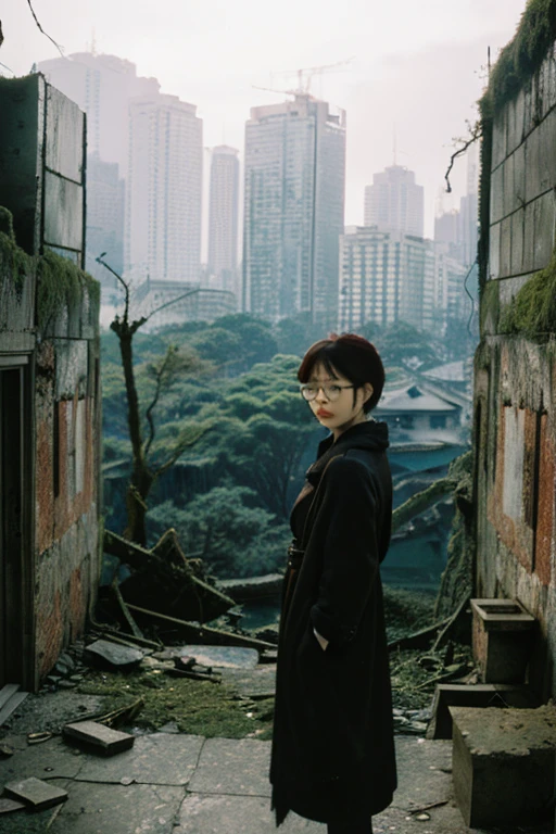 City,moss,Collapse,Devastation,Inside the ruins is narrow,Showa,Glasses,Women,adventure,Black and White,