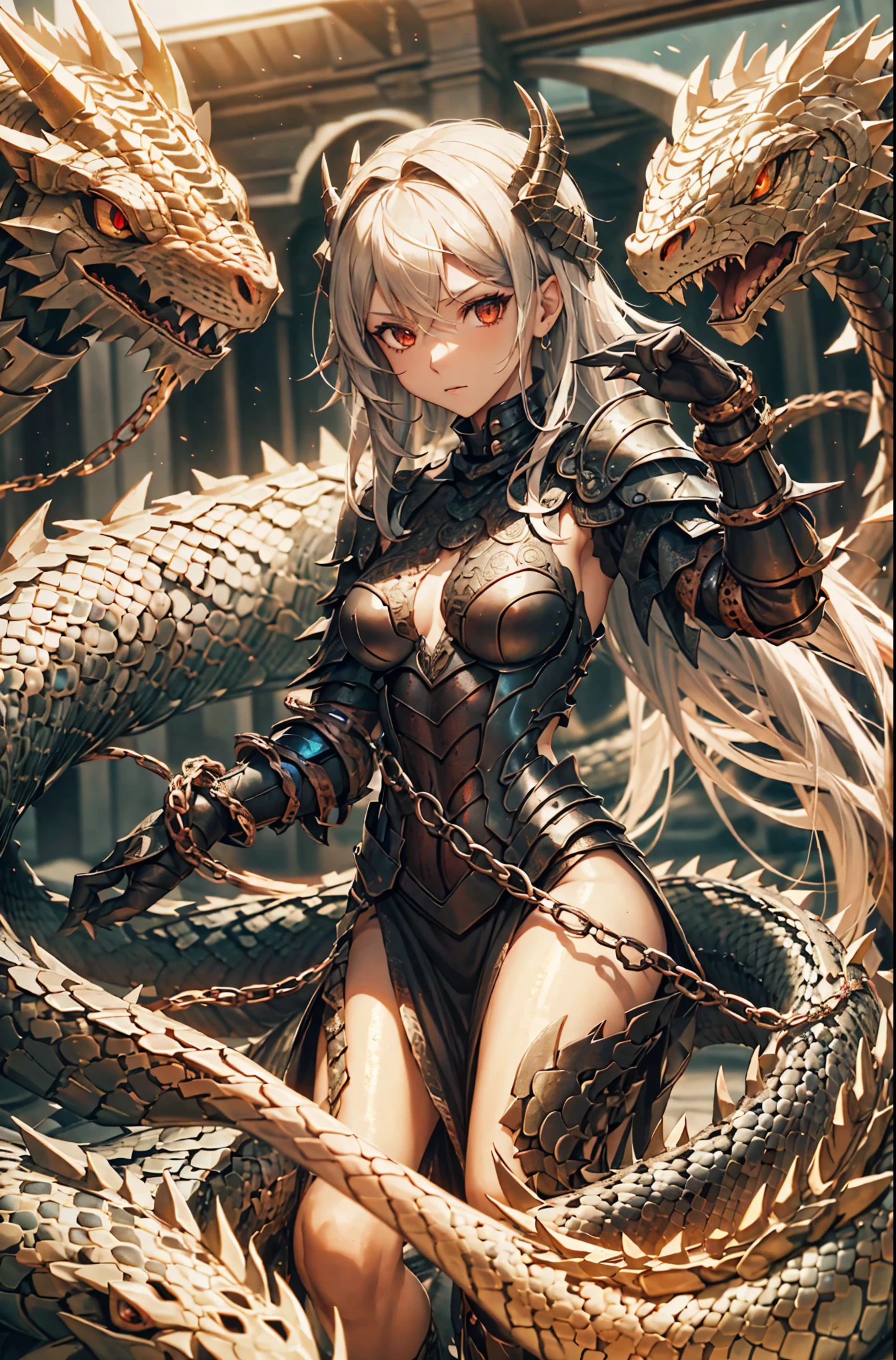 A girl wearing black armor. she is harsh. red eyes. (Two snakes intertwined). Dragon motif armor.