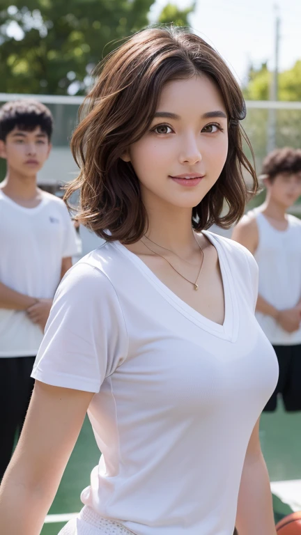 highest quality,Best image quality,Ultra-high resolution,8k,Hyperrealism,High saturation,Realistic,Photorealistic Stick,(Accurate anatomy:1.2),Written boundary depth,Ideal body,Japanese,24 year old beautiful girl,cute,cute笑顔,A kind smile,(A little brown hair:1.2),(Medium short hair with loose waves:1.2),(Droopy eyes:1.2),(Beautifully detailed round eyes:1.2),rather thin lips,slightly thick lips,C cup breasts,Small breasts,Feminine waist,Round ass,Big Ass,Realistic Skin,Sunburned skin,Wheat peel,Highly detailed face and skin texture,Glowing Skin,height: 166cm,(The whole body is visible:1.2),(female teacher:1.4),(Standing in front of high school students:1.4),(1 female、10 people:1.4),(During physical education class:1.2),Gym,(Black sweatpants:1.2),(White T-shirt:1.2),(Simple Necklace:1.2),(He is dribbling a basketball in front of the boys.:1.5)