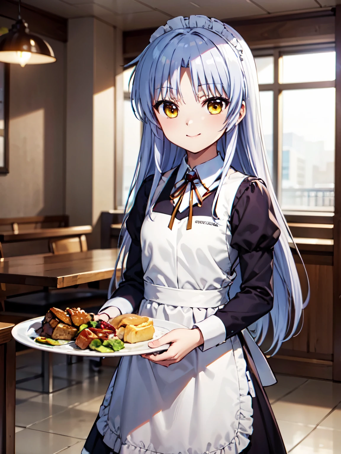 masterpiece, highest quality,kanade tachibana、Yellow Eyes、alone、8Ｋimage、1 girl, alone, smile, Silver Hair、whole body, alone ,restaurant,Cinematic lighting、smile、blush、Beautifully styled hair、straight、Maid、ビクトリア朝Maid服、meal、ingredients