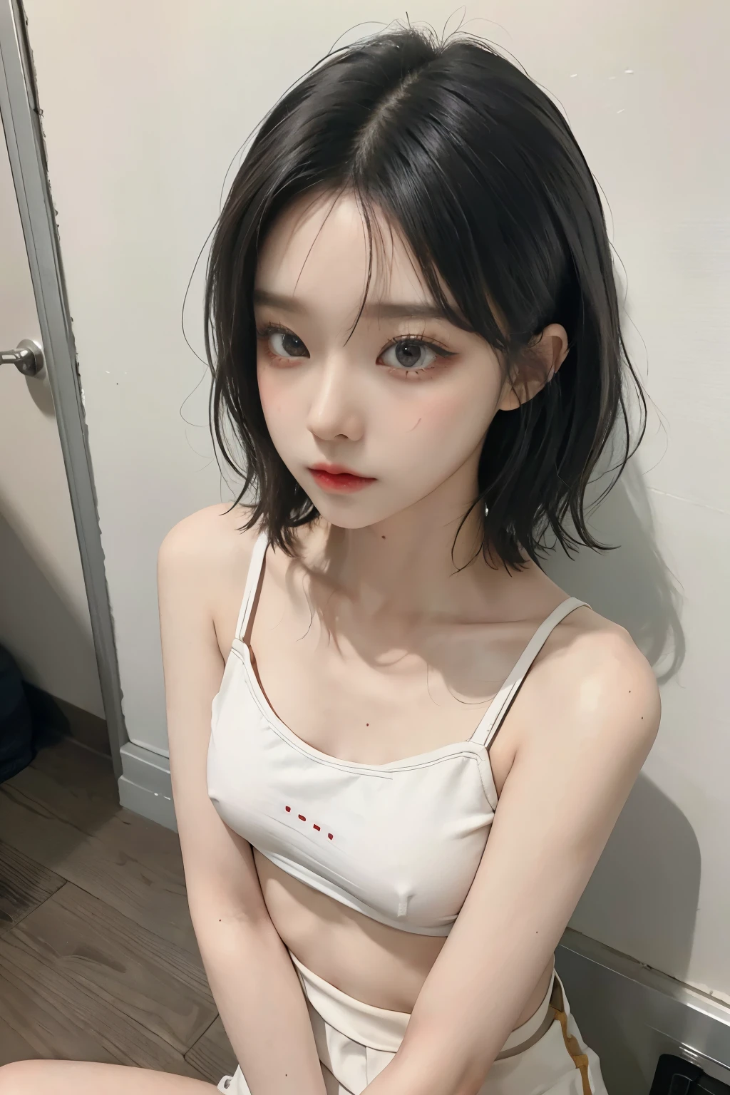 Top image quality、Raw photography、超A high resolution、Cute girl at 、Shooting for one person only、big round chest、Black tank top、Beautiful Eyes of Details、very elongated eyes、Beautiful eyelashes、Beautiful double eyelids、white walls、Beautiful waist、Beautiful legs、a short bob、slender physique,very tiny tits,Small breasts,Are thin,Flat Chest,Small Bust,Small Ass,