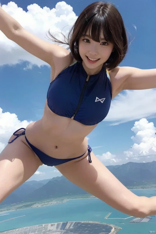 A beautiful woman in her late twenties with a bob cut is skydiving4000Meters)、She is sensual、Micro Bikini、very sexy swimsuit、They spread their arms and legs、Looks like you're having a lot of fun.!