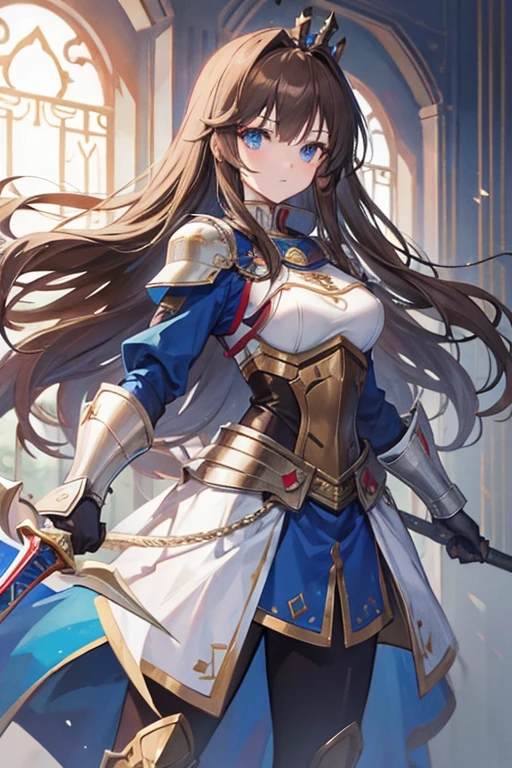 (masterpiece, best quality), 1girl, long brown hair, blue eyes, wielding excalibur, iron knight armor, iron crown, 