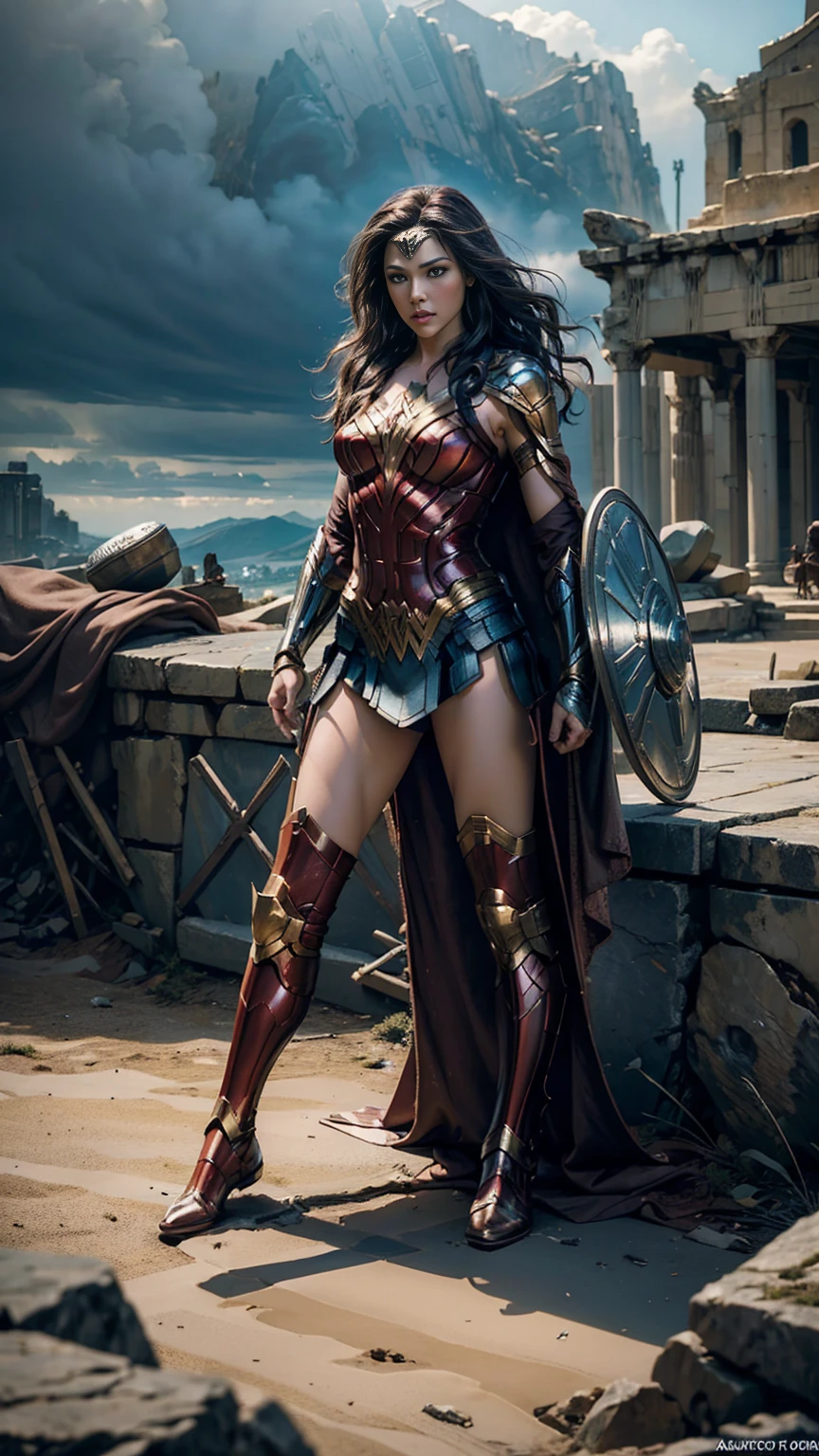 ((Full body photo, standing, feet on the ground)) a scene from a film Expansive landscapes full body fantasy image dominated force superhero of good alias Wonder Woman alliance action scene, dramatic and cinematic style, Landscapes Athens, Vibrant colors, Intricate details
