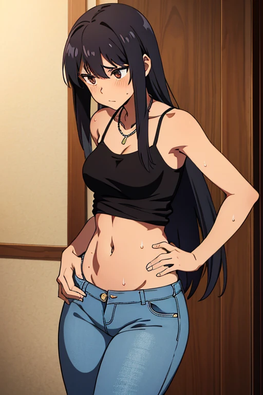 ((best quality)), ((masterpiece)), (detailed), dark tanned skin anime woman in a deep V-neck cami top, (jeans), (long hair), starving, (resting hands on the stomach), (hands on the stomach), (slim body), closed eye