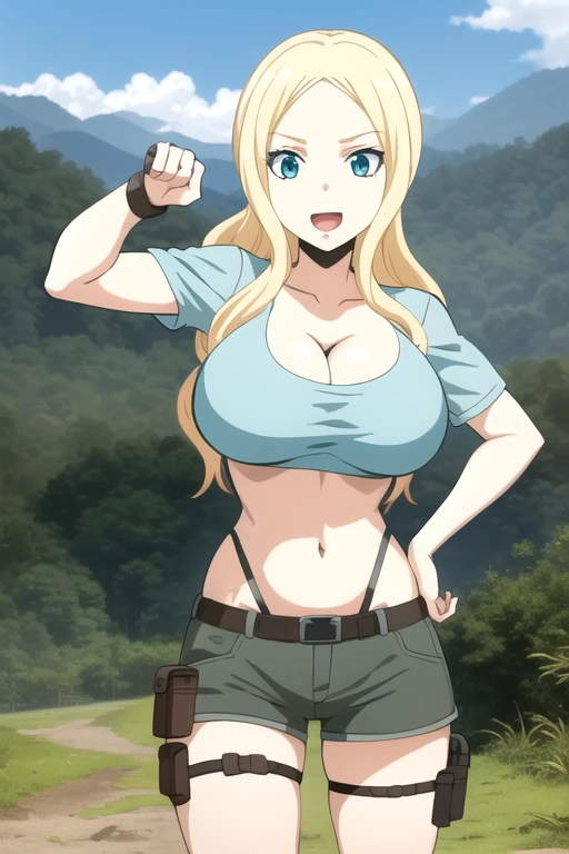 ultra high res, masterpiece, 1girl, IrinaJelaviÄR4, blonde hair, blue eyes, :d, expressive eyes, perfect face, large breast, big breast, small waist, perfect figure, highly detailed, showing cleavage, dressed as lara croft, full body portrait, she's in the rainforest, brown shorts, belt gun holster, teal spandex top, brown hiking boots, brown shorts, dark brown shorts, short shorts, teal top, mid section exposed, cloud, cloudy_sky, condensation_trail, day, long_hair, navel, open_mouth, holding and aiming two pistols, outdoors, sky, smile, solo
