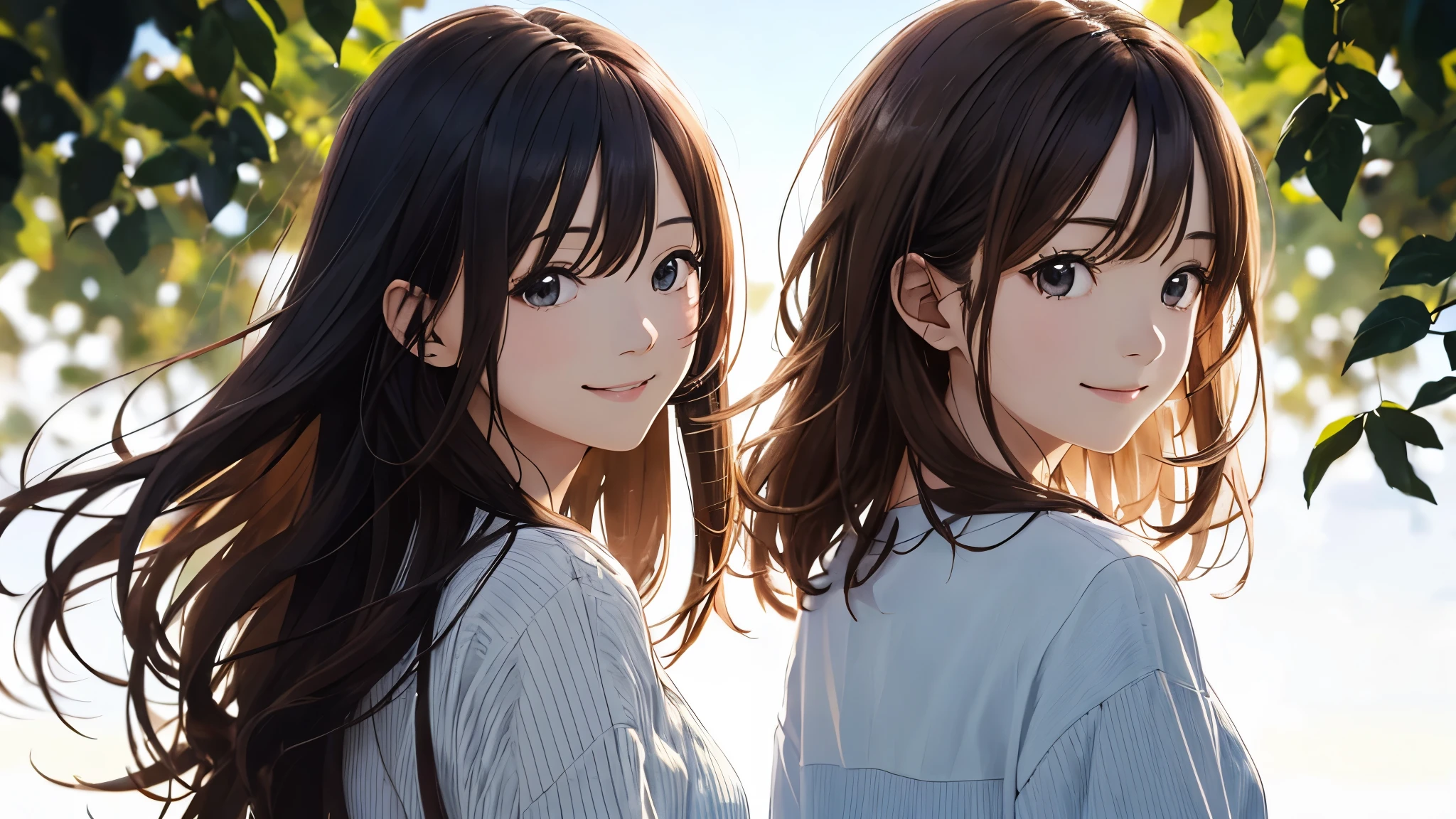 Shiraishi Mai, Looks exactly like Shiraishi Mai, A kind smile, , ,Long Hair,  Dark brown hair, (2 girls:1.2), 18-year-old, photograph, Realistic, highest quality, Detailed face, Strong sunlight, Blue sky、White cloud、 Detailed Background, Diffused sunlight, Depth of written boundary, Bokeh (highest quality: 1.2), (masterpiece: 1.2), Watch Viewer, one piece, White Theme, Thin Blue Stripes,back view