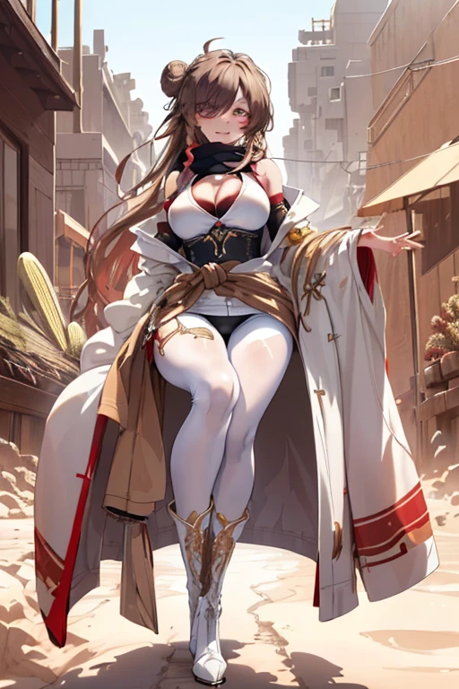 ((in a desert:1.5)), a matured woman with long hair and a white outfit, (resting in oasis:1.2), artwork in the style of guweiz, bodyesbian, fine details. girls frontline, beautiful anime illustration, from girls frontline, stunning, 21 years old, (solo:1.5), (sfw:1.25), beautiful breast, medium breasts, Amazing Cleavage, thin waist, big ass, Raised sexy, (dark mahogany medium long hair, updo, hair over one eye, asymmetric hair, Carly hair, low tied),(Headscarfs, hair bands, head vandage, Turban), (ultra high resolution, 8K RAW photo, photo realistics, weak outline:1.3, clear focus), best qualtiy, natural lighting, field depth, (Bright pupils, detailed beautiful eyes, high detailed face), Red lip, looking at viewers, (tight focus:1.2, from below), sexy posing, seductive weak smiling, center image, (wearing white long jacket and clothes, wearing short pants, gold ornaments, white clothes rolling around waist, camel-brown long leather boots, translucent lace pantyhose), ((correct anatomy:1.5)), ((outdoor:1.2)),
