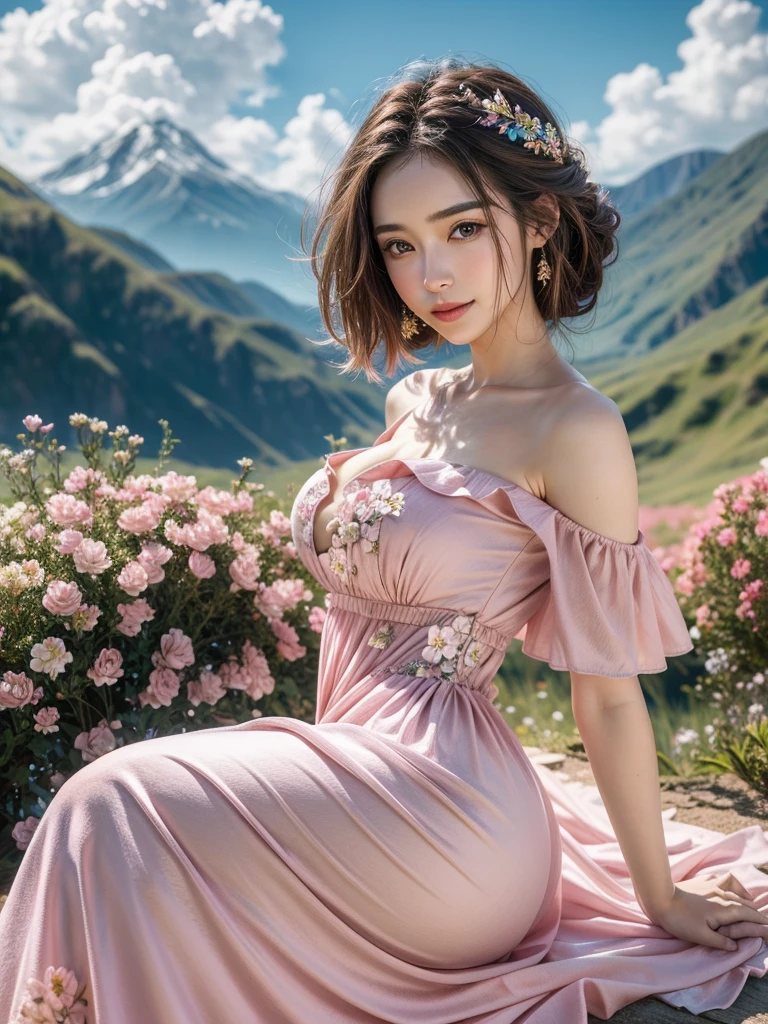 ((((8k))),((Extremely detailed CG)) ,(wallpaper),16k,((Very sophisticated and beautiful)),(((masterpiece))),(((highest quality))),(((Ultra-high resolution))),Daytime natural light,Single-lens reflex camera,break, ((1 girl)),24-year-old Japan beauty,(Sensual look,smile:1.2),short hair,(Gradient brown hair,Shiny Hair,Braiding:1.2),light makeup,Red lipstick,double eyelid,Beautiful Eyes,Beautiful Eyes,Soft white skin that shines in every detail,Pale skin,Golden Ratio Face,Very well-shaped face,Detailed information,Lips Detail,Glossy, beautiful lips,Glossy lips,break,(8 heads,Perfect figure),((Beautiful clavicle,Beautiful breasts)),(Simple off-the-shoulder pink maxi dress:1.5),(Long legs,Tight big ass:1.3),(Daytime scenery:1.5),break,(Flower field overlooking the mountains,Flowers of different colors:1.3),(Detailed Background:1.3),(Upper Body:1.3),(Ultra high color,Bright and vibrant colors:1.3), 