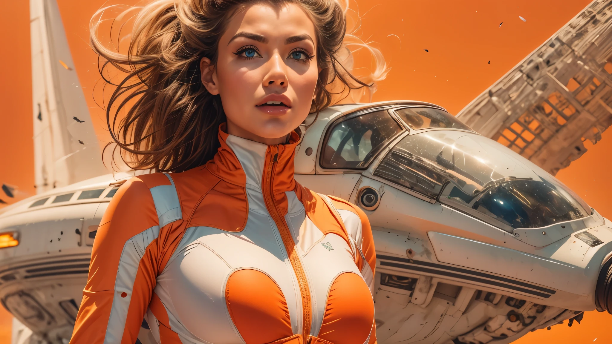 arafed image of a white woman in a futuristic suit with a spaceship in the background, movie art, in front of an orange background, inspired by Robert McGinnis, female protagonist, megastructure in the background, portrait of an ai astronaut, astronauts, an astronaut, portrait of a astronaut skeletor, perfect android girl, detailed eyes, perfectly detailed teeth, frank franzzeta and sakimichan  