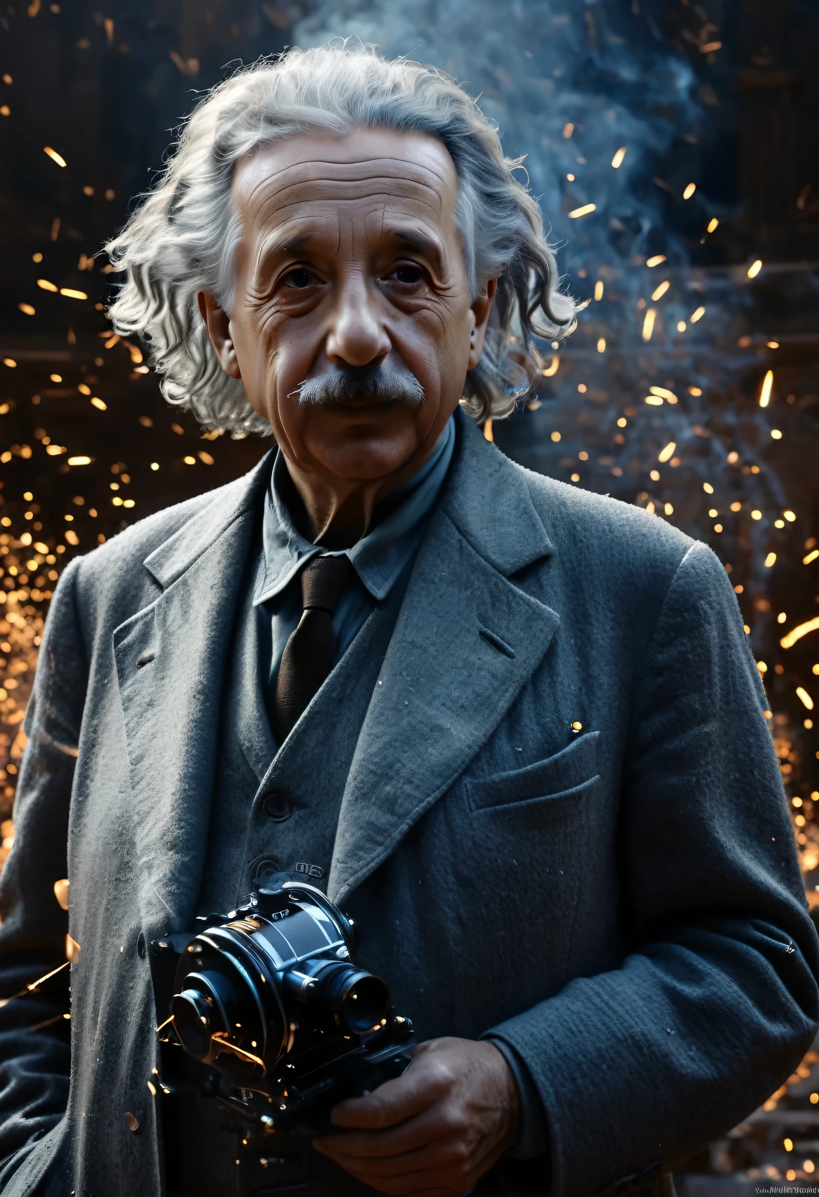 statue of the stoic Albert Einstein focus front face captured in the heart of Roma, with the grandeur of an epic Steven Spielberg movie still, cinematic, showcasing sharp detail, bathed in the glow of 4k ultra HD, encapsulated in surrounding mystic smoke, vibrant artillery sparks, looming system unit racks, and an intricate motherboard, rendered with impeccable hyperrealism by Pascal Blanche Rut