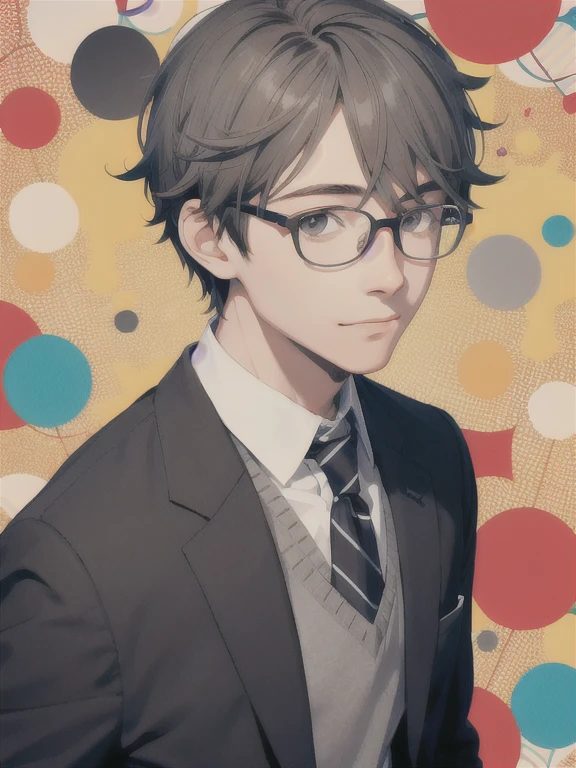 illustration style, atractive boy, grey eyes, cute,nerd,glasses,blushing, high school student,teen clothes,colorful