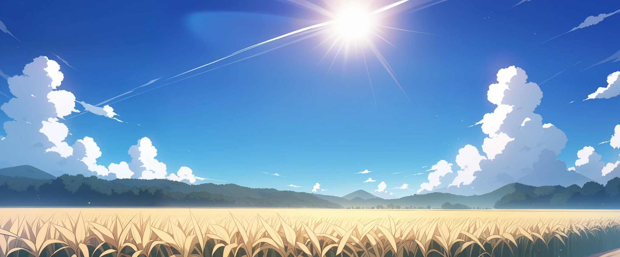 The roadside, cornfield, Summer anime:1, sky, hot, blinding sun