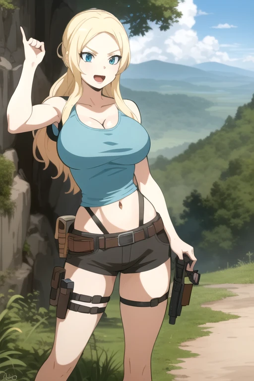 ultra high res, masterpiece, 1girl, IrinaJelaviÄR4, blonde hair, blue eyes, :d, expressive eyes, perfect face, large breast, big breast, small waist, perfect figure, highly detailed, showing cleavage, dressed as lara croft, full body portrait, she's in the rainforest, brown shorts, belt gun holster, teal spandex top, brown hiking boots, stone ruins in the background, brown shorts, dark brown shorts, short shorts, teal top, mid section exposed, cloud, cloudy_sky, condensation_trail, day, long_hair, navel, open_mouth, holding and aiming two pistols, outdoors, sky, smile, solo
