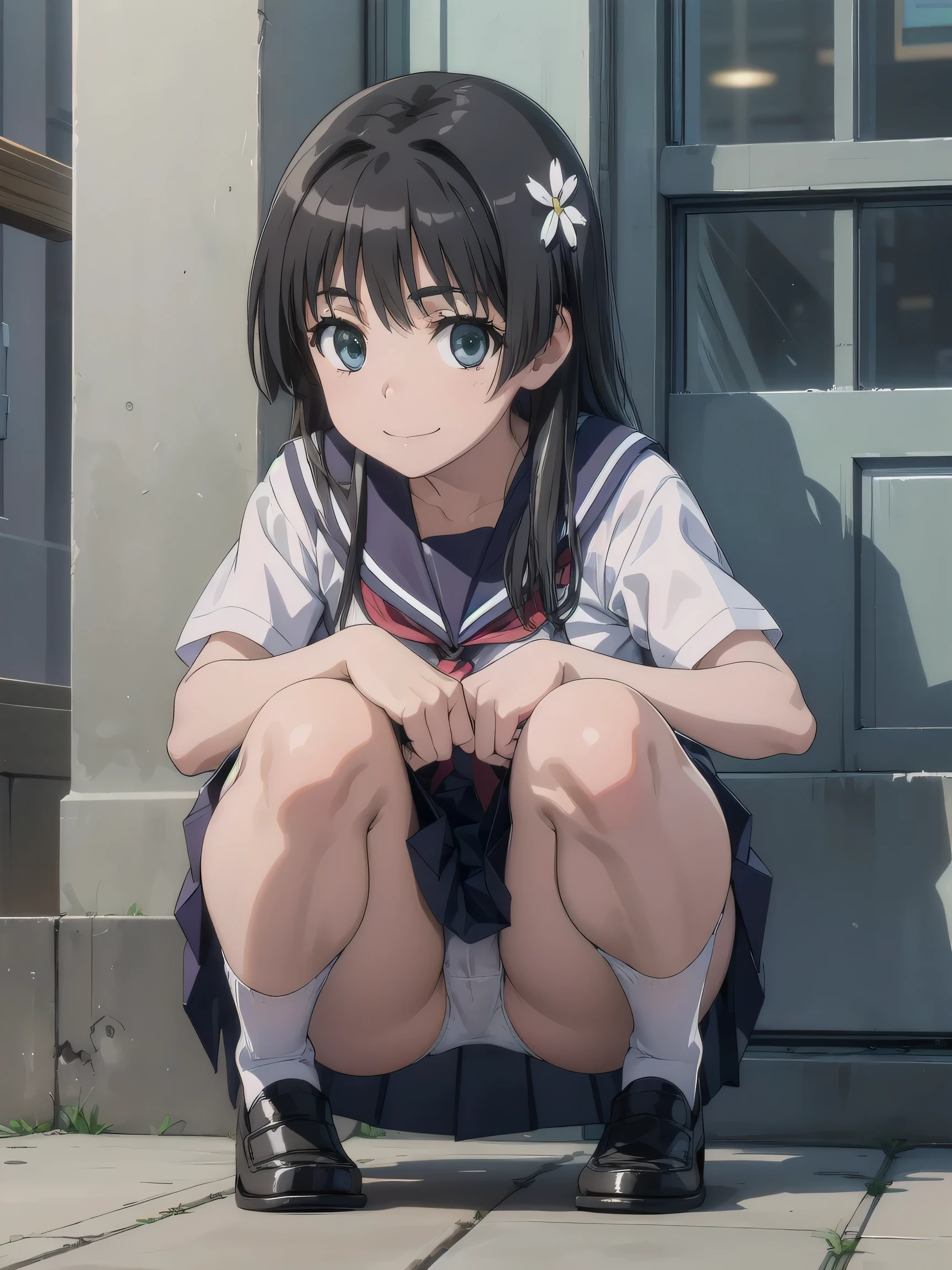 (MSFW:1.3), (realistic, photo realistic:1.2), ((highest quality)), move the center of gravity backwards, pretty embarrassing, saten ruiko, white panties, (show panties:1.4),Tight Skirt, (Panty shot:1.3), (pull up the skirt:1.3), (squat:1.4), Spread pussy, put the heel on the ground, spread your legs a little, squat with your knees up, Attach your ass to the ground, black penny loafers, beautiful face details, real human skin, gentle expression, Front view, angle from below, realistic, photorealistic, cute, short skirt, squat deep on school grounds, cute school girl, Japanese high school girl uniform, sailor suit, whole body,Smile, natural smile, charming smile, enchanting smile, (looking at the viewer:1.2), From before, from below,
