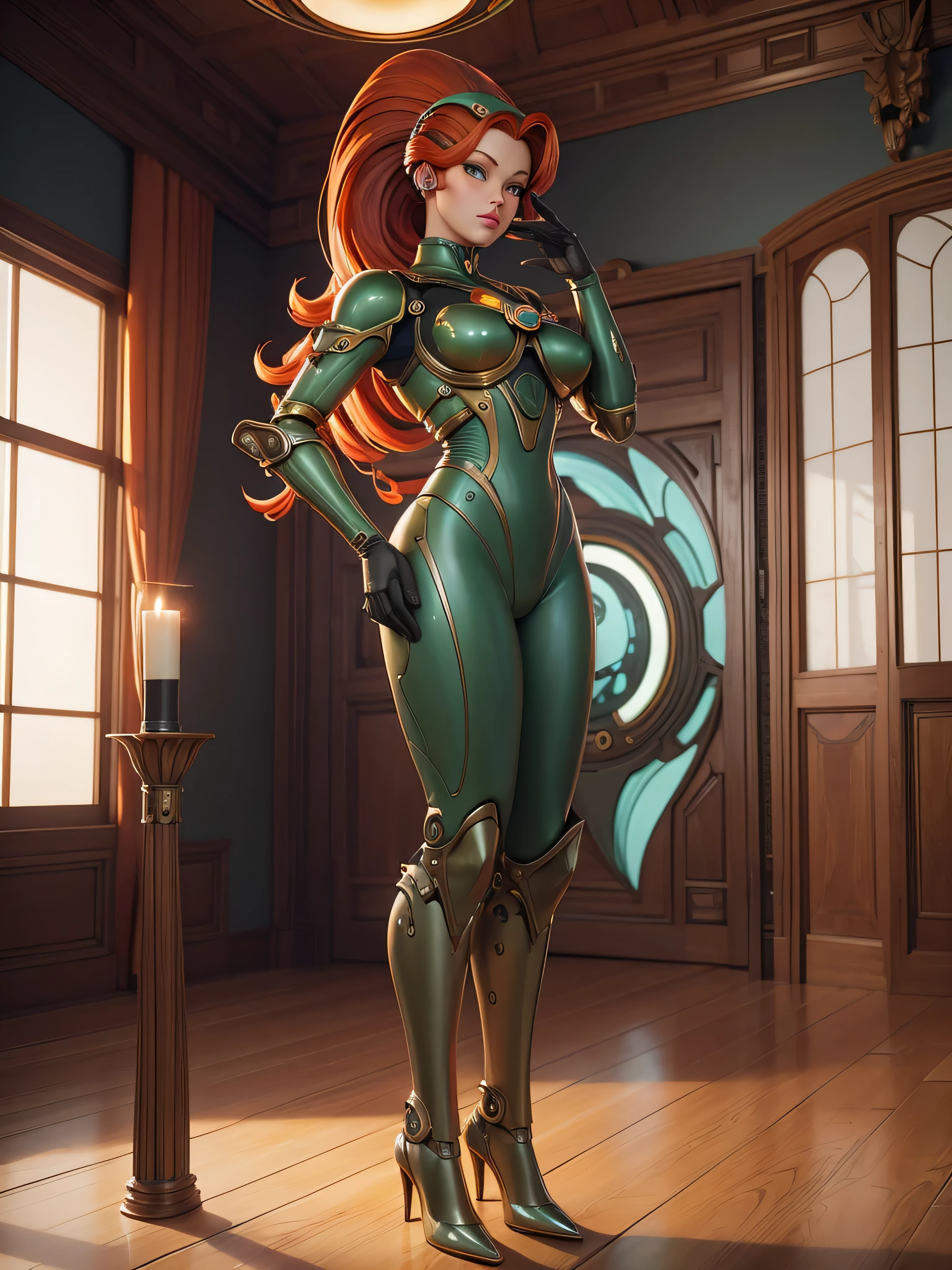 by Michael Parkes and Diego Rivera, (retro futurism , digital art but extremely beautiful:1.4),highly intricate digital painting, female red hair green eyes perfect cyborg, android robot advanced complexity, painting on canvas, painting a masterpiece evolve under its mechanical hands, background, room with high ceiling, wooden floor, easels holding canvas, soft-focused ambiance, candle light filtering in through large windows, 