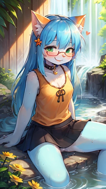 (young :1.6),cat girl,green eyes,flat chest,blue long hair,orange fur,soak white shirt,sleeveless,black mini skirt,glasses,heart collar,flower hairpin,waterfall,see through,white sunlight,wet hair,looking at viewer,full face blush,passionate face,smile,heart eyes,squinting eyes,sitting,spread legs