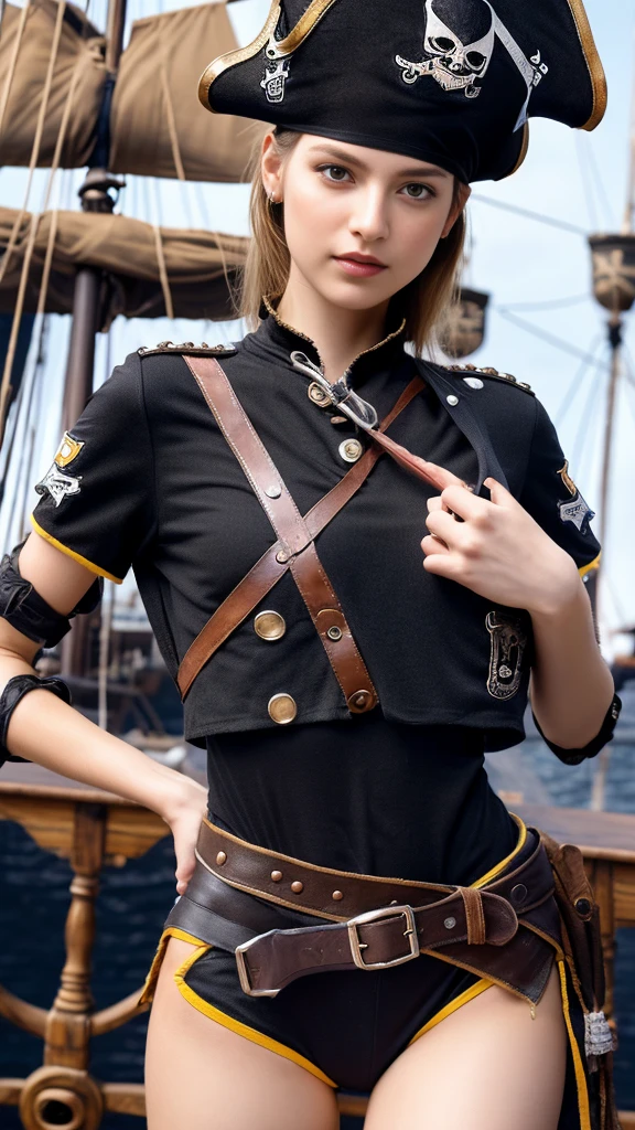 23 year old fashion model [[[[close rift]]]], [[[[]]]], [[[[Call]]]], [[[[shoulder]]]], perfect eyes, perfect iris，perfect lips，perfect teeth，perfect skin，Have fair skin.，HDR，leather girl，(((Beautiful pirate girl)))，(delicate face)，(High definition face)，delicate face，(((black pirate costume)))，(((black pirate hat)))，(Increase sexiness)，(Long legs:1.3)，(full body photo），(at the pirate ship)，pirate ship flag，4K Ultra HD, Ultra high resolution, (realistic: 1.4), best quality，Masterpiece，（pastel colors：1.2）