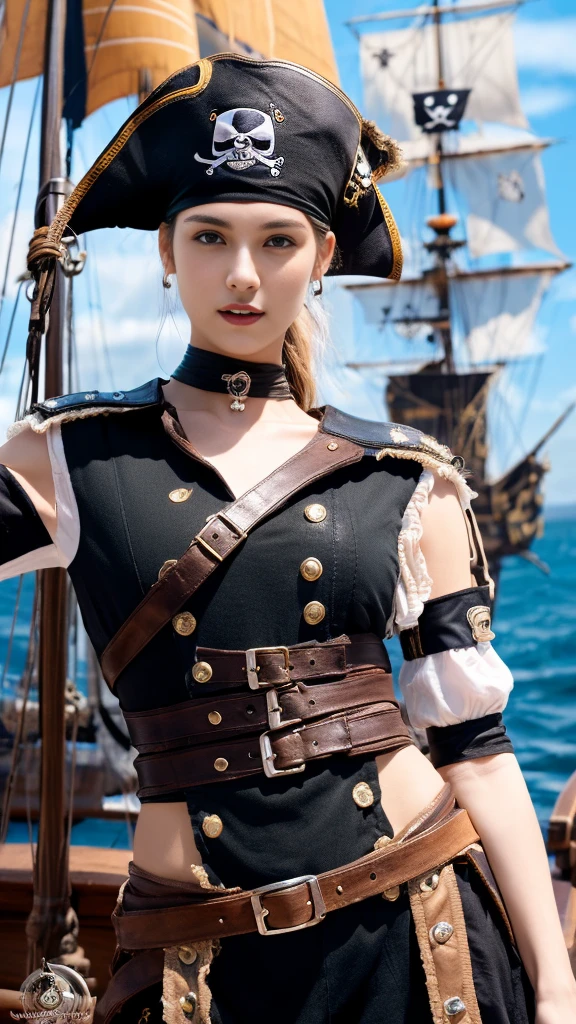 23 year old fashion model [[[[close rift]]]], [[[[]]]], [[[[Call]]]], [[[[shoulder]]]], perfect eyes, perfect iris，perfect lips，perfect teeth，perfect skin，Have fair skin.，HDR，leather girl，(((Beautiful pirate girl)))，(delicate face)，(High definition face)，delicate face，(((black pirate costume)))，(((black pirate hat)))，(Increase sexiness)，(Long legs:1.3)，(full body photo），(at the pirate ship)，pirate ship flag，4K Ultra HD, Ultra high resolution, (realistic: 1.4), best quality，Masterpiece，（pastel colors：1.2）