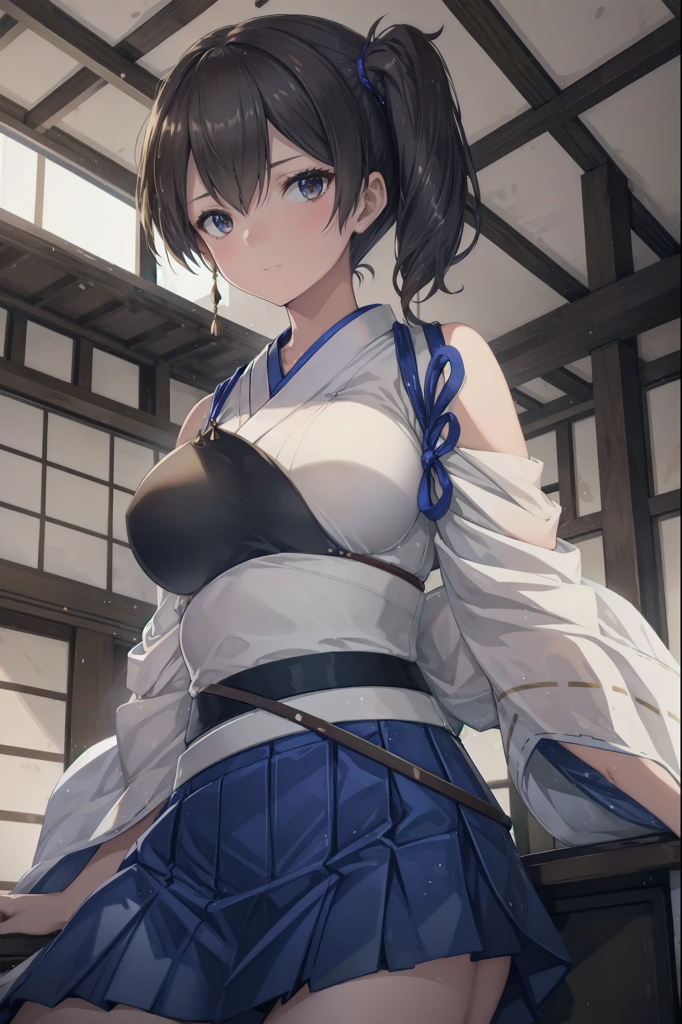 Kaga(Fleet Collection),highest quality, masterpiece, High resolution,kimono,blue skirt,side ponytail,big_breasts,