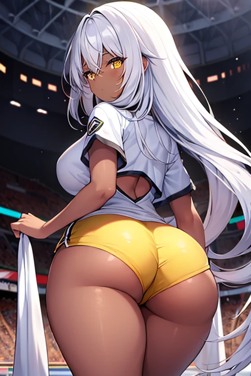 1girl, dark skin, dark-skinned female, yellow eyes, white hair, long hair, mature female, thick thighs, breasts, wide hips, sportswear, shirt, numbered, nunbers, number, stadium, shorts, short pants, white shorts, ass, ass focus, from behind, text, tall, tall female, hourglass figure, booty shorts, short shorts