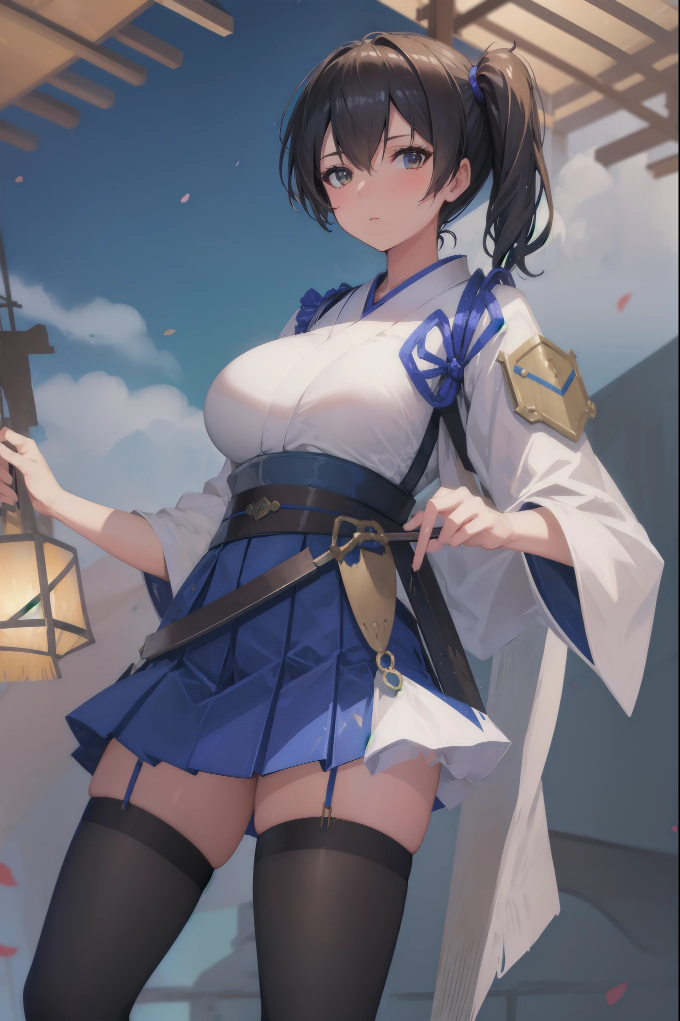 Kaga(Fleet Collection),highest quality, masterpiece, High resolution,kimono,blue skirt,side ponytail,big_breasts,