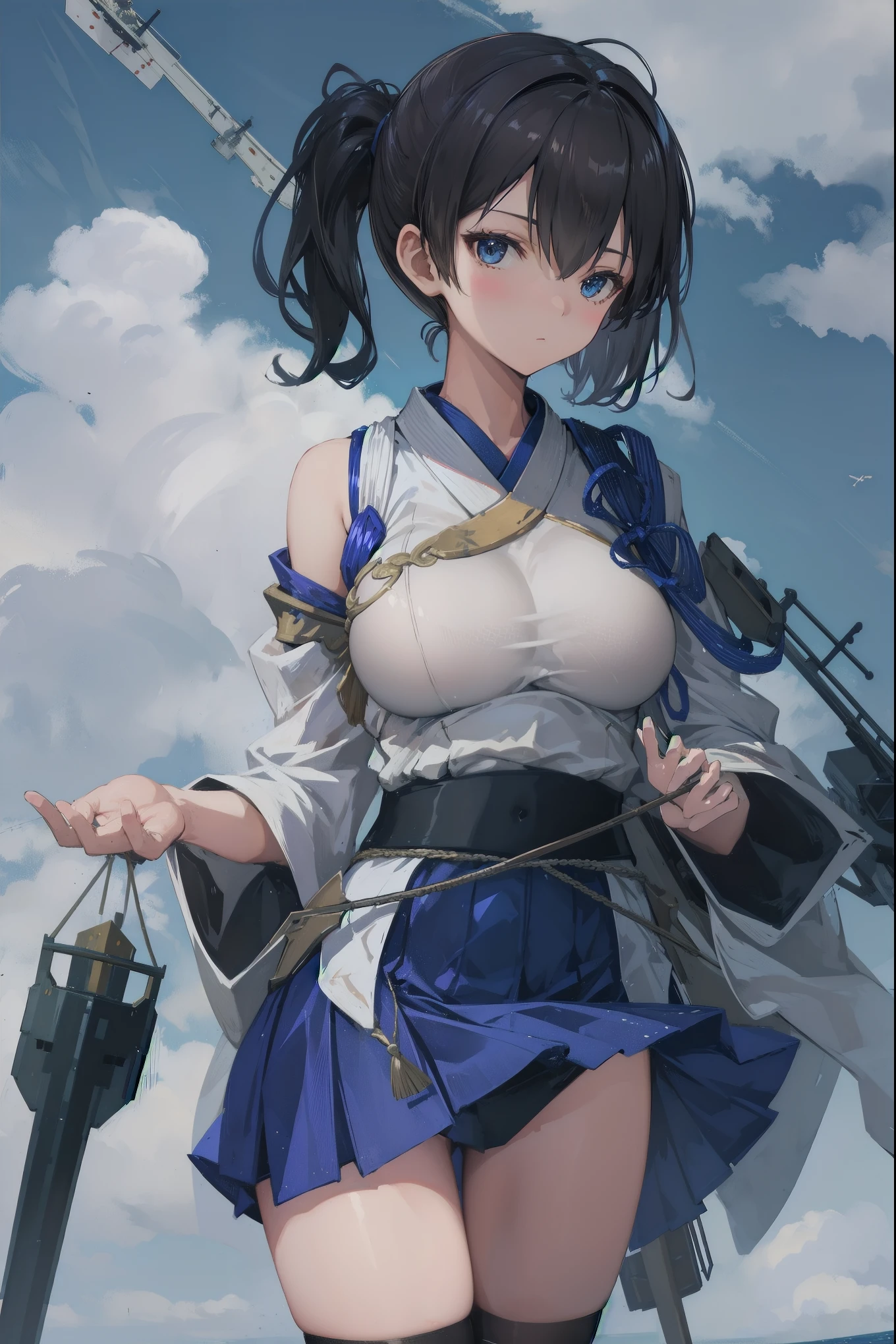 Kaga(Fleet Collection),highest quality, masterpiece, High resolution,kimono,blue skirt,side ponytail,big_breasts,