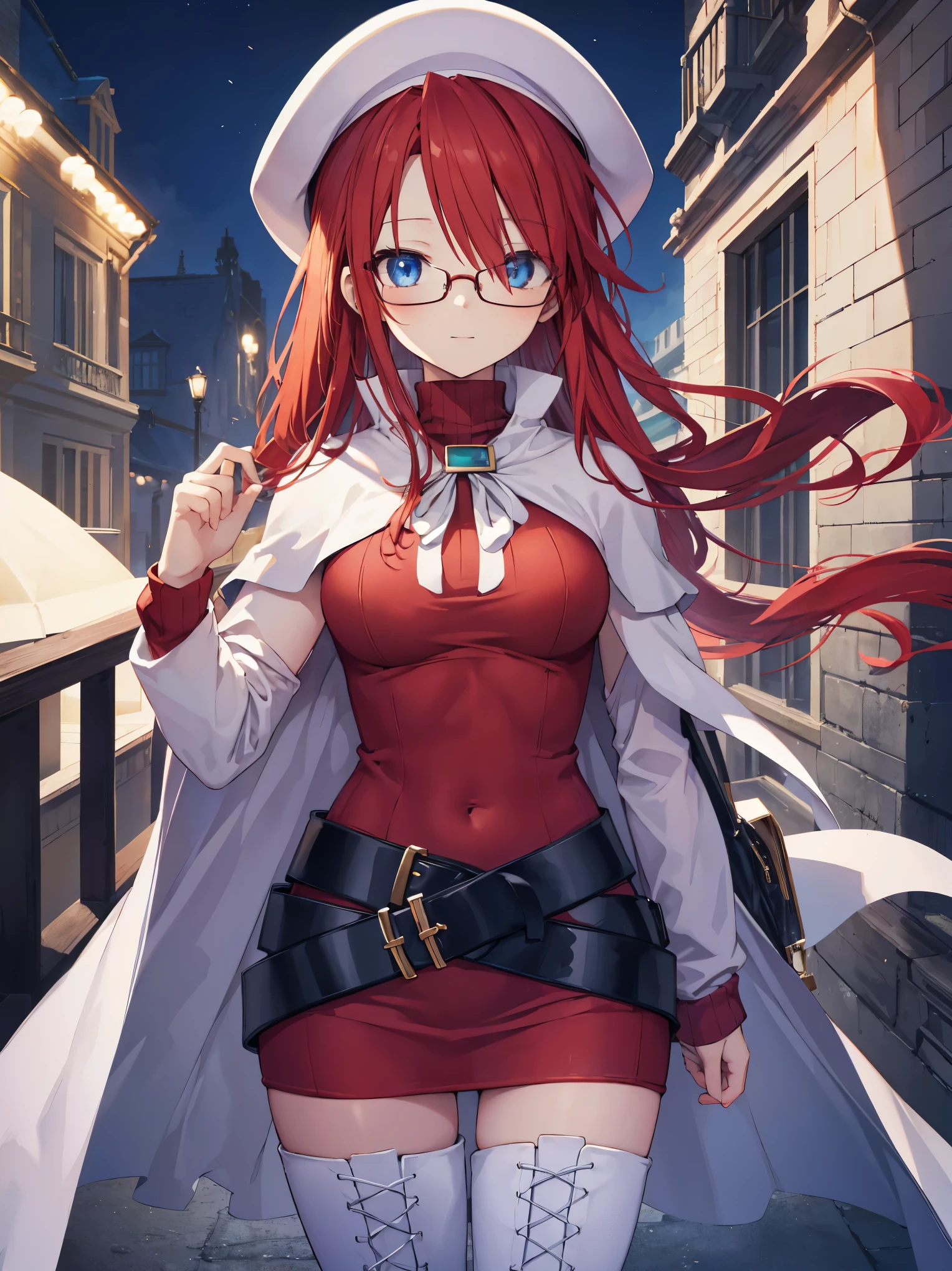 summonnightaty, aty, long hair, blue eyes, red hair, beret, hat, glasses,
BREAK long hair, thighhighs, hat, dress, boots, glasses, belt, cape, sweater, zettai ryouiki, beret, thigh boots, white footwear, ribbed sweater, loose belt,solo,
BREAK outdoors, fantasy,on_a_ship,
BREAK (masterpiece:1.2), best quality, high resolution, unity 8k wallpaper, (illustration:0.8), (beautiful detailed eyes:1.6), extremely detailed face, perfect lighting, extremely detailed CG, (perfect hands, perfect anatomy),covered_nipples,covered_navel,light_smile ,(half_eyes:1.4),long_sword,edge,armpit,sleepy,dynamic_standing,red_sweater,apart_legs,magical_effect,pulmp,big_tits,light_open_mouth,prepare_a_sword