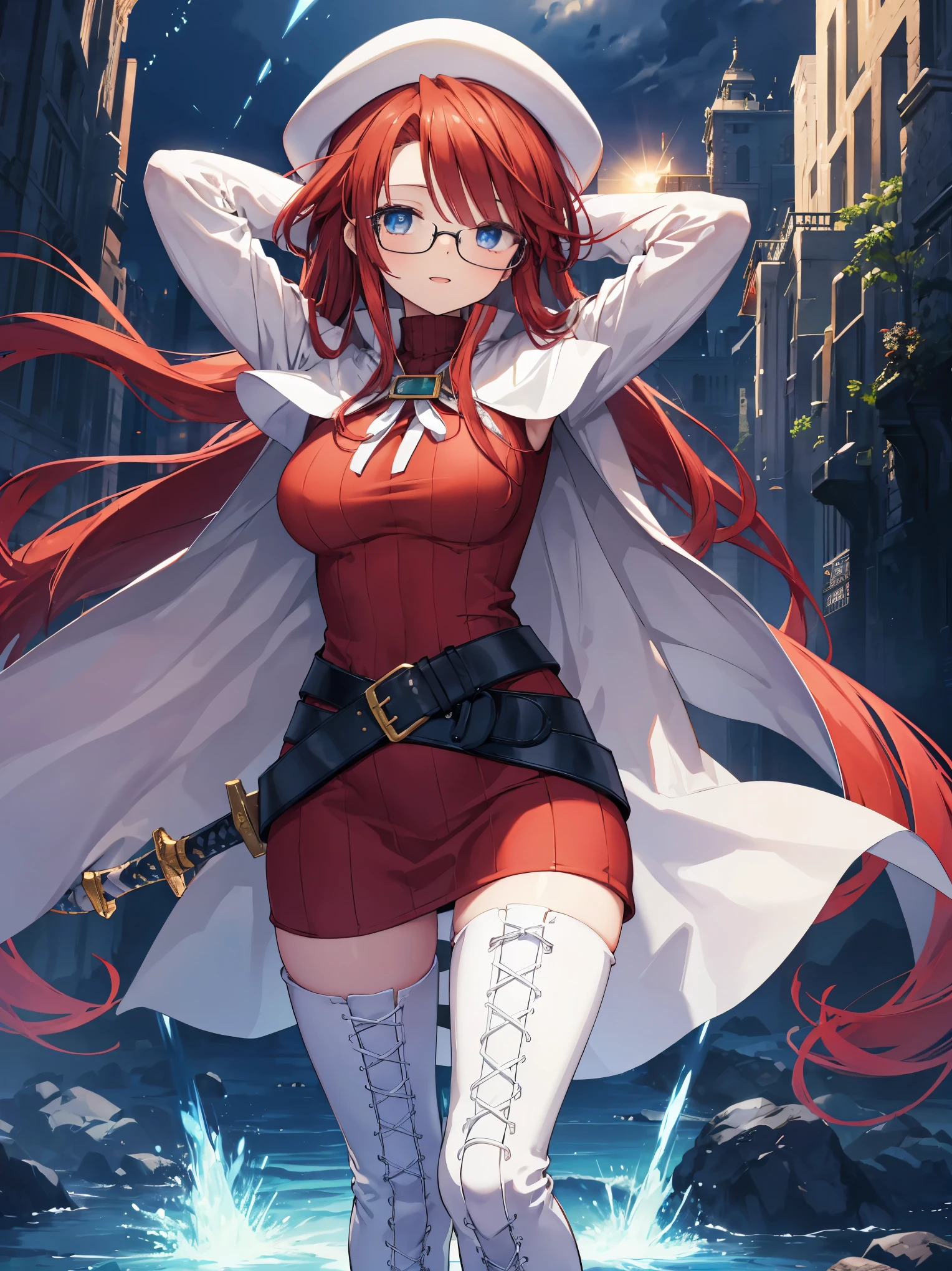 summonnightaty, aty, long hair, blue eyes, red hair, beret, hat, glasses,
BREAK long hair, thighhighs, hat, dress, boots, glasses, belt, cape, sweater, zettai ryouiki, beret, thigh boots, white footwear, ribbed sweater, loose belt,solo,
BREAK outdoors, fantasy,on_a_ship,
BREAK (masterpiece:1.2), best quality, high resolution, unity 8k wallpaper, (illustration:0.8), (beautiful detailed eyes:1.6), extremely detailed face, perfect lighting, extremely detailed CG, (perfect hands, perfect anatomy),covered_nipples,covered_navel,light_smile ,(half_eyes:1.4),long_sword,edge,armpit,sleepy,dynamic_standing,red_sweater,apart_legs,magical_effect,pulmp,big_tits,light_open_mouth,prepare_a_sword