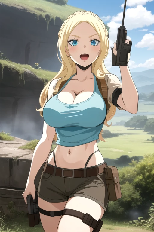 ultra high res, masterpiece, 1girl, IrinaJelaviÄR4, blonde hair, blue eyes, :d, expressive eyes, perfect face, large breast, big breast, small waist, perfect figure, highly detailed, showing cleavage, dressed as lara croft, full body portrait, she's in the rainforest, brown shorts, belt gun holster, teal spandex top, brown hiking boots, destroyed stone temple in the background, brown shorts, dark brown shorts, short shorts, teal top, mid section exposed, cloud, cloudy_sky, condensation_trail, day, long_hair, navel, open_mouth, holding and aiming two pistols, outdoors, sky, smile, solo
