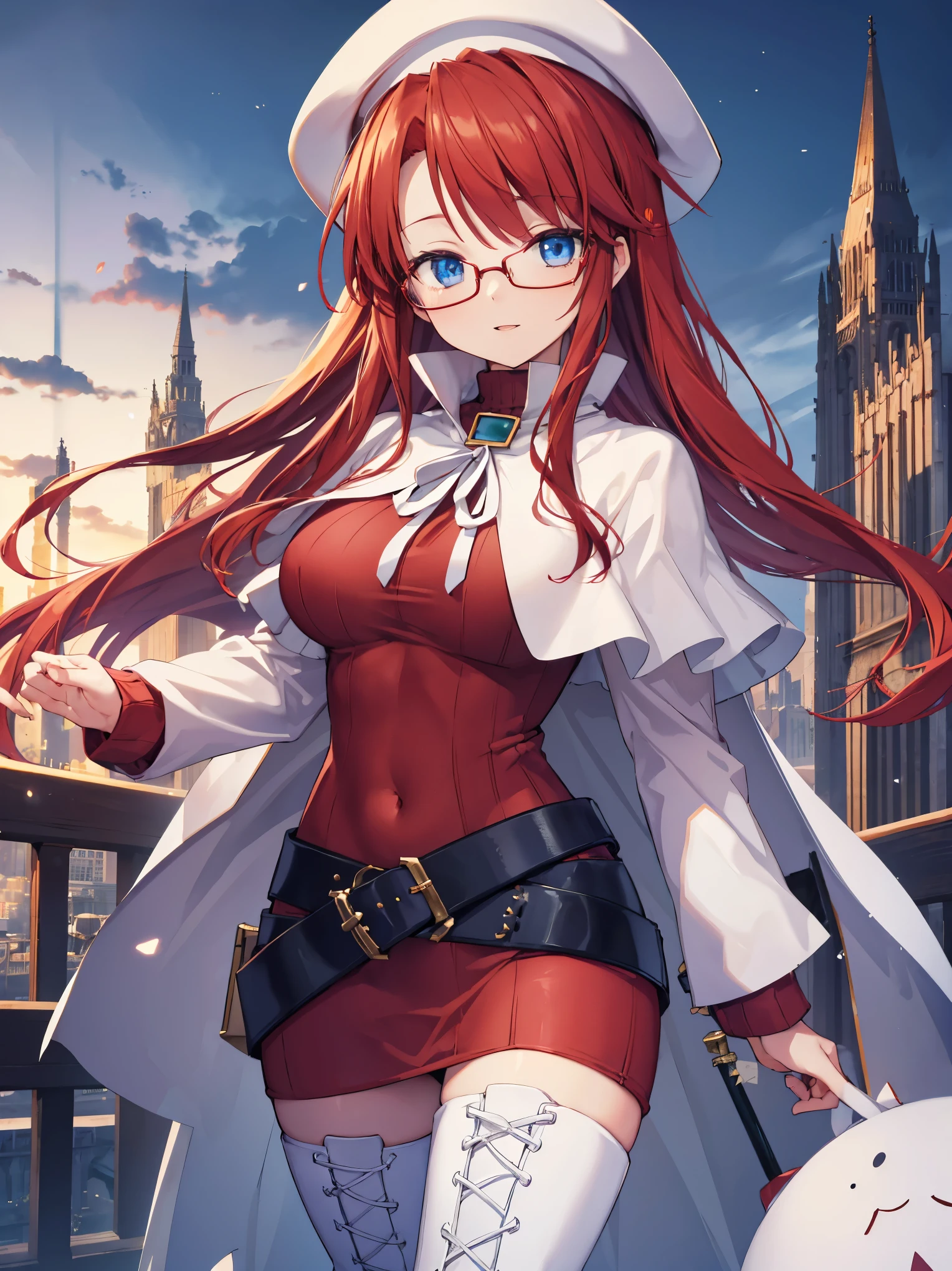 summonnightaty, aty, long hair, blue eyes, red hair, beret, hat, glasses,
BREAK long hair, thighhighs, hat, dress, boots, glasses, belt, cape, sweater, zettai ryouiki, beret, thigh boots, white footwear, ribbed sweater, loose belt,solo,
BREAK outdoors, fantasy,on_a_ship,
BREAK (masterpiece:1.2), best quality, high resolution, unity 8k wallpaper, (illustration:0.8), (beautiful detailed eyes:1.6), extremely detailed face, perfect lighting, extremely detailed CG, (perfect hands, perfect anatomy),covered_nipples,covered_navel,light_smile ,(half_eyes:1.4),long_sword,edge,armpit,sleepy,dynamic_standing,red_sweater,apart_legs,magical_effect,pulmp,big_tits,light_open_mouth,prepare_a_sword