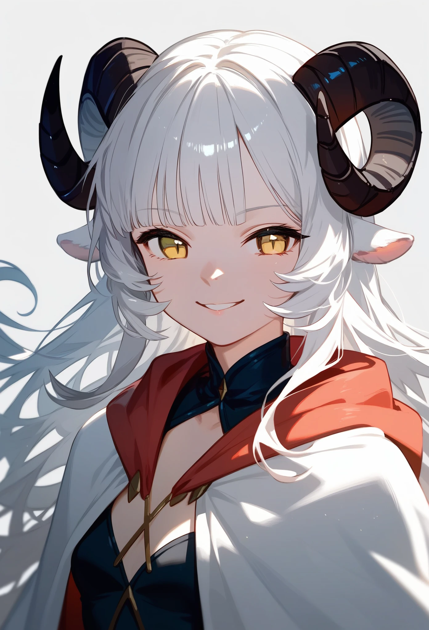 (score_9, score_8_up, score_7_up), 1girl, solo, sheep horns, curled horns, black horns, white sheep ears, white hair, long hair, hime cut, long bangs, sheep horns, curled horns, yellow eyes, evil smile, smug, :>, small breasts, standing, wearing a white hooded cultist cloak, hood off, old fashioned, white background, simple background, upper body, highres, detailed, best quality, masterpiece,