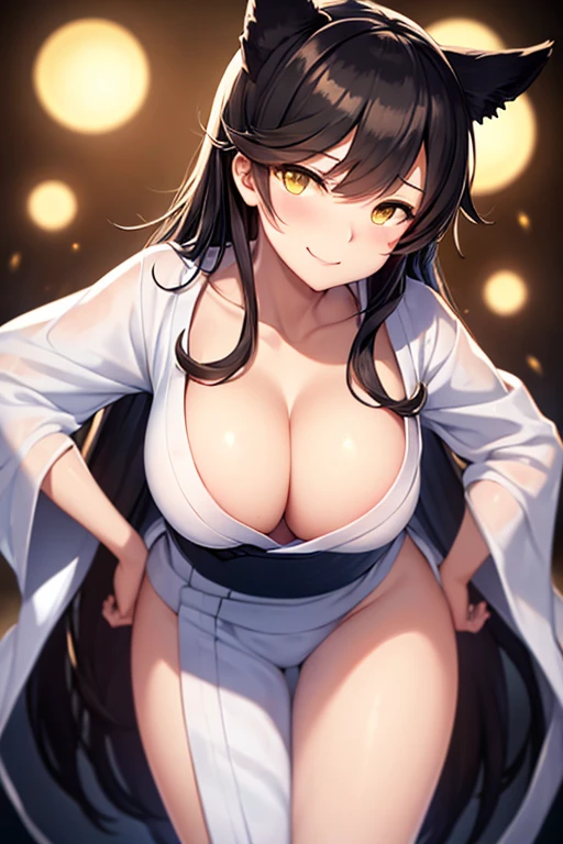 perfect face, atago, black hair, long hair, yellow eyes, animal ears, dark background, facing forward, cowboy shot, lust smile, in the center, giant breasts, ((bending over)), hands on hips, perfect hands, correct number of fingers, ((white yukata)),