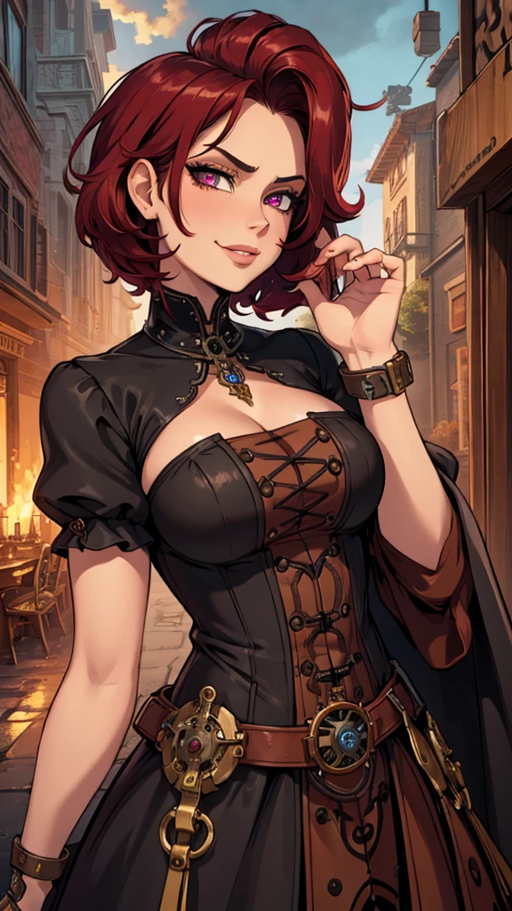 best quality, masterpiece, dark_red_and_fuchsia_hair, steampunk_dark_gloggles, imperial_steampunk_dress, looking_up, upper_body, hair_strand, tanned_skin, short_hair, fantasy_steampunk_spear_in_one_hand, arrogant_smile