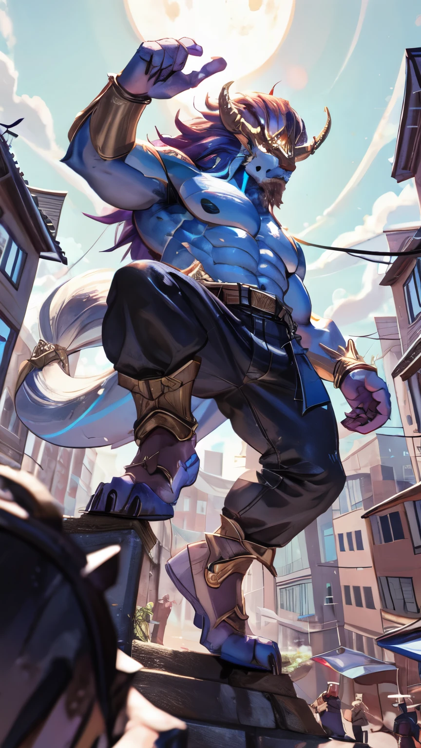 aurelion sol, giant, raising his leg about to stomp tiny city, low angle