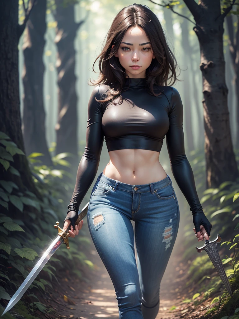 4k, Realistic,, Masterpiece, Best Quality, Official Art, unity 8k wallpaper, ultra detailed, (dark scene, soft light), cinematic look, high saturation, best anatomy, fog volume, slim body, full body, 1 Girl with Kristin Kreuk face, Short brown hair, , Hold sword, Simple background, Looking at audience, black eyes, short hair, Kristin Kreuk face, forest, tight jeans,