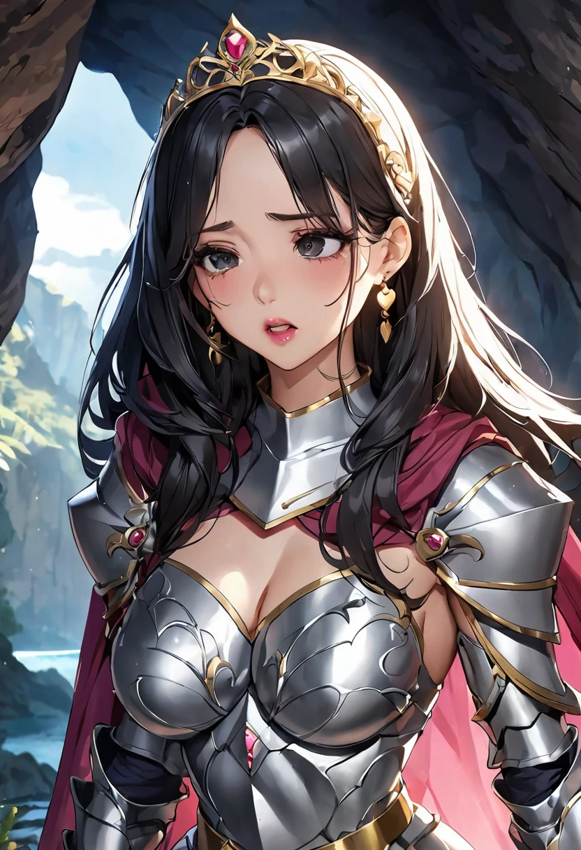 NSFW, masterpiece、highest quality、Ultra-high resolution、Maximum resolution、very detailed、Professional Lighting、anime、Adult women、thin、so beautiful、Beautiful face、Scared、Armored Dress、Blue full plate armor、Shiny Armor、White decoration、Gorgeous tiara、Golden earrings、Frilly Armor、Black Hair、Black Eye、Pink Lips、gold belt、Cape、cave