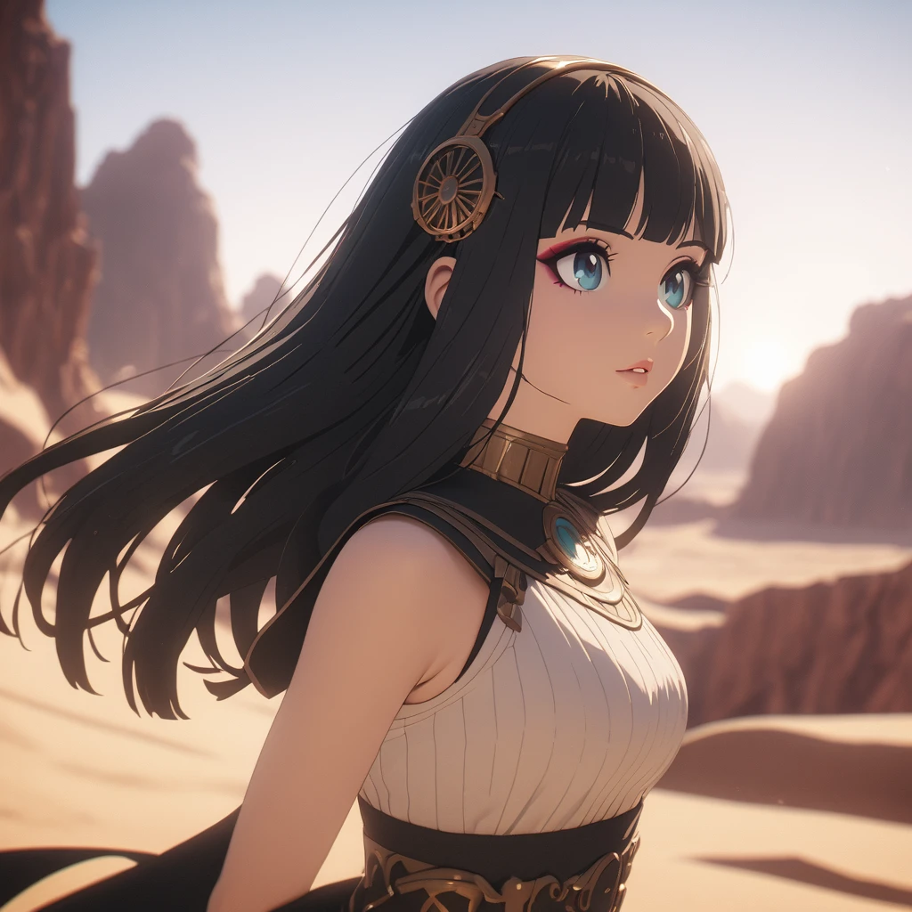 Photo of Cleopatra with natural skin, Short, voluminous black hair, Sharp eyes with blue eyeshadow, A thin, upturned nose, Well-shaped lips, Hourglass-shaped body shape, Typical attire, Makeup, Exquisitely crafted with the utmost attention to detail, Vibrant, amazing, Smooth, Cinematic, 4K, Backlight, Fantasy Desert Background, Shallow depth of field.