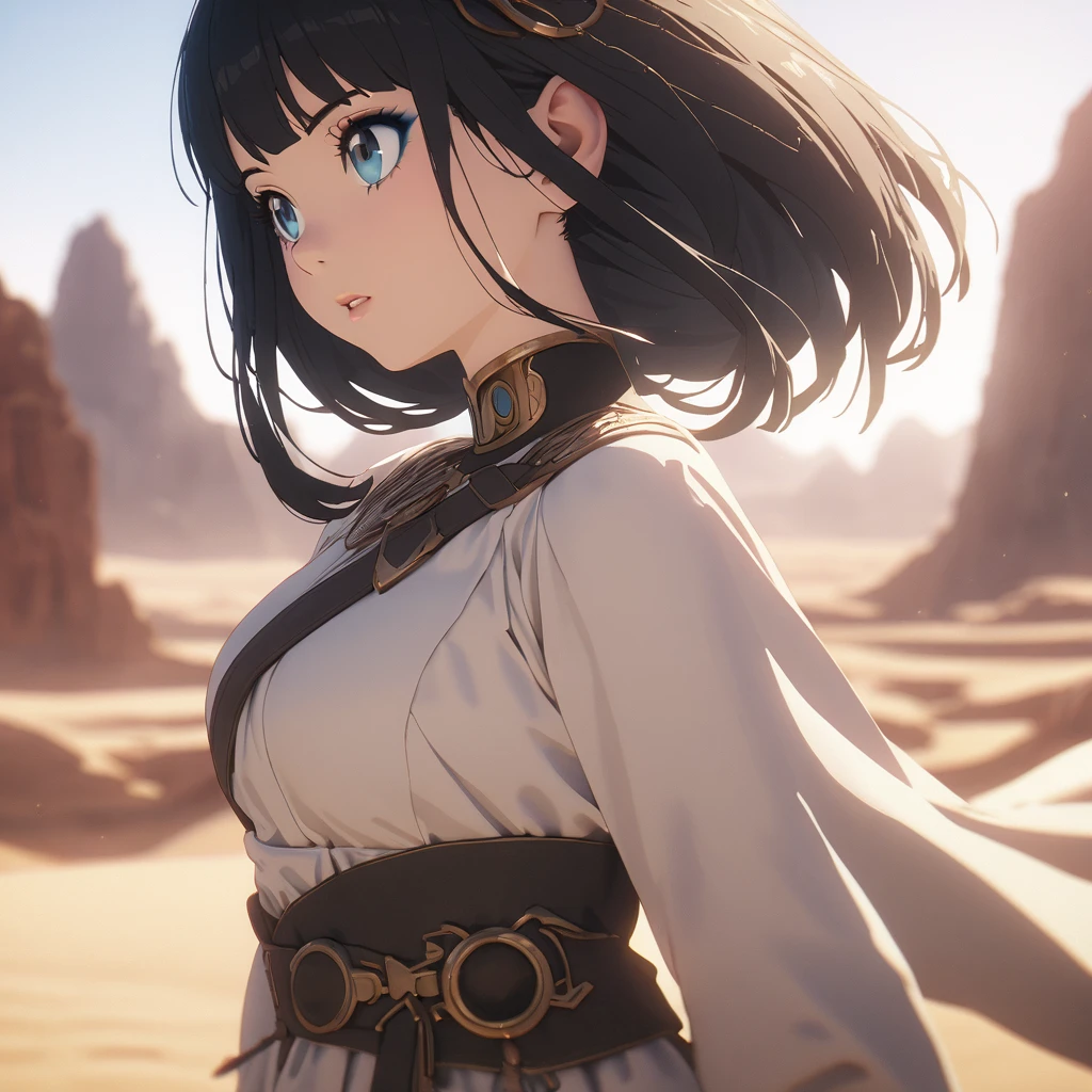 Photo of Cleopatra with natural skin, Short, voluminous black hair, Sharp eyes with blue eyeshadow, A thin, upturned nose, Well-shaped lips, Hourglass-shaped body shape, Typical attire, Makeup, Exquisitely crafted with the utmost attention to detail, Vibrant, amazing, Smooth, Cinematic, 4K, Backlight, Fantasy Desert Background, Shallow depth of field.