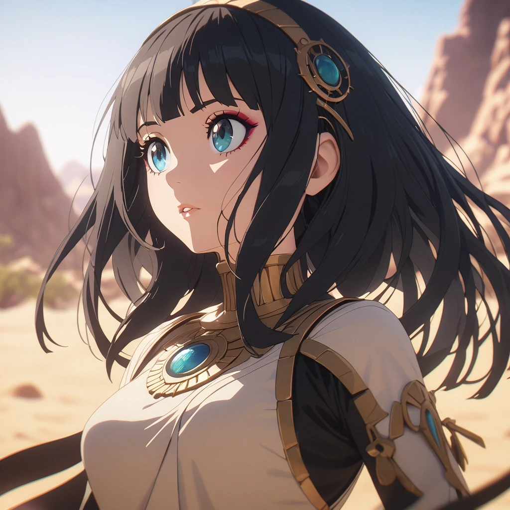 Photo of Cleopatra with natural skin, Short, voluminous black hair, Sharp eyes with blue eyeshadow, A thin, upturned nose, Well-shaped lips, Hourglass-shaped body shape, Typical attire, Makeup, Exquisitely crafted with the utmost attention to detail, Vibrant, amazing, Smooth, Cinematic, 4K, Backlight, Fantasy Desert Background, Shallow depth of field.